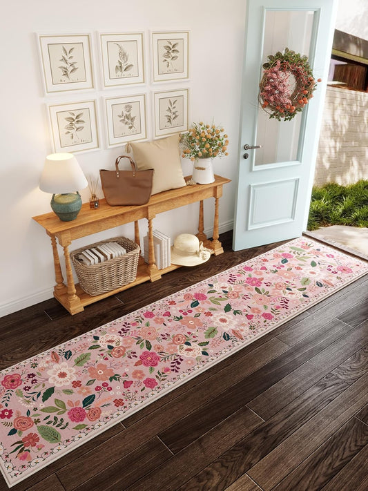 Rugcomf Runners for Hallways Kitchen Runner Rug Non Slip 2'x 10' Long Washable Rugs with Rubber Backing Soft Floral Carpet Runner for Hallways, Kitchen, Laundry, Bedroom, Bathroom(Pink)