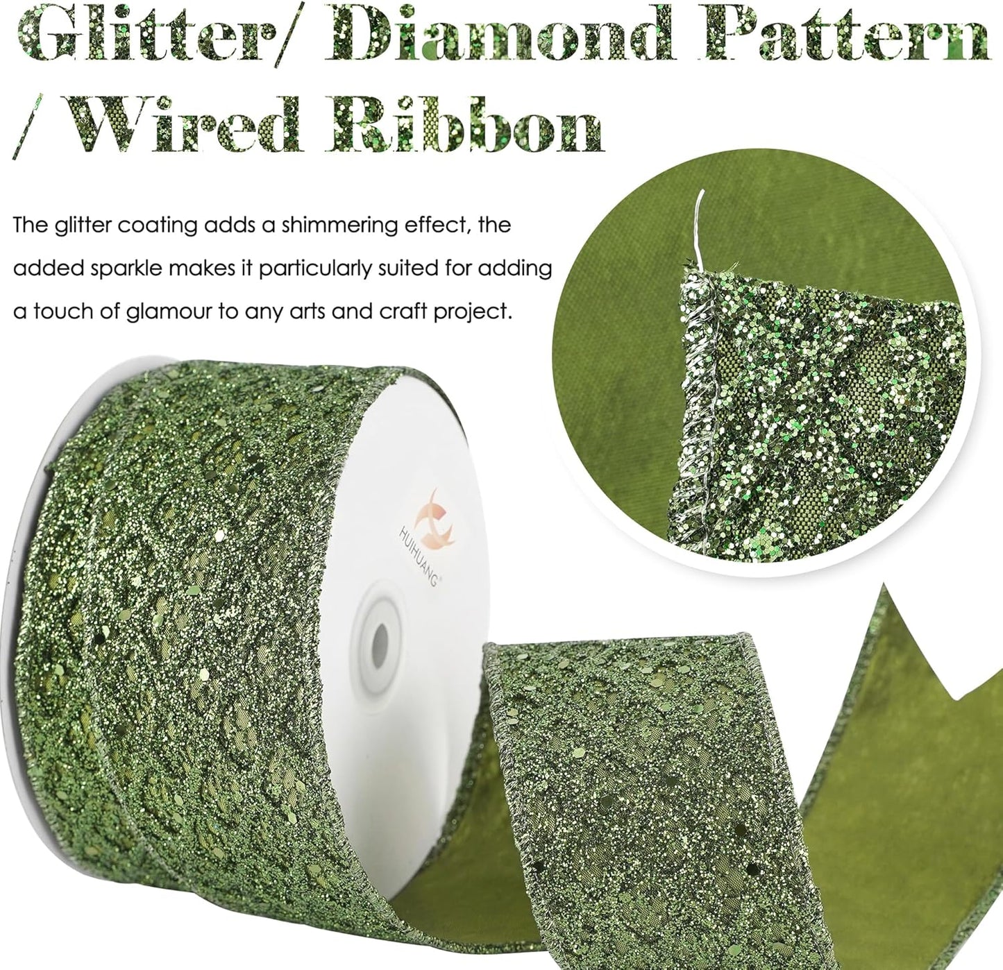HUIHUANG Moss Green Wired Ribbon for Christmas Tree 2.5 inch Glitter Moss Diamond Mesh Ribbon for Tree Decoration, Wreaths, Garland, Gift Wrapping, Bows Making, Thanksgiving Decor -10 Yards