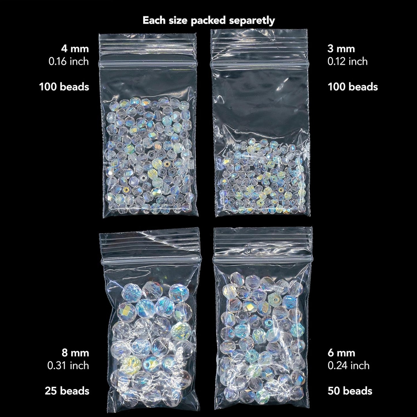 275 pcs Set of Czech Faceted Glass Beads, Fire-Polished Round Crystal AB - 3mm (100pcs), 4mm (100pcs), 6mm (50pcs), 8mm (25pcs) kit for Jewelry Making