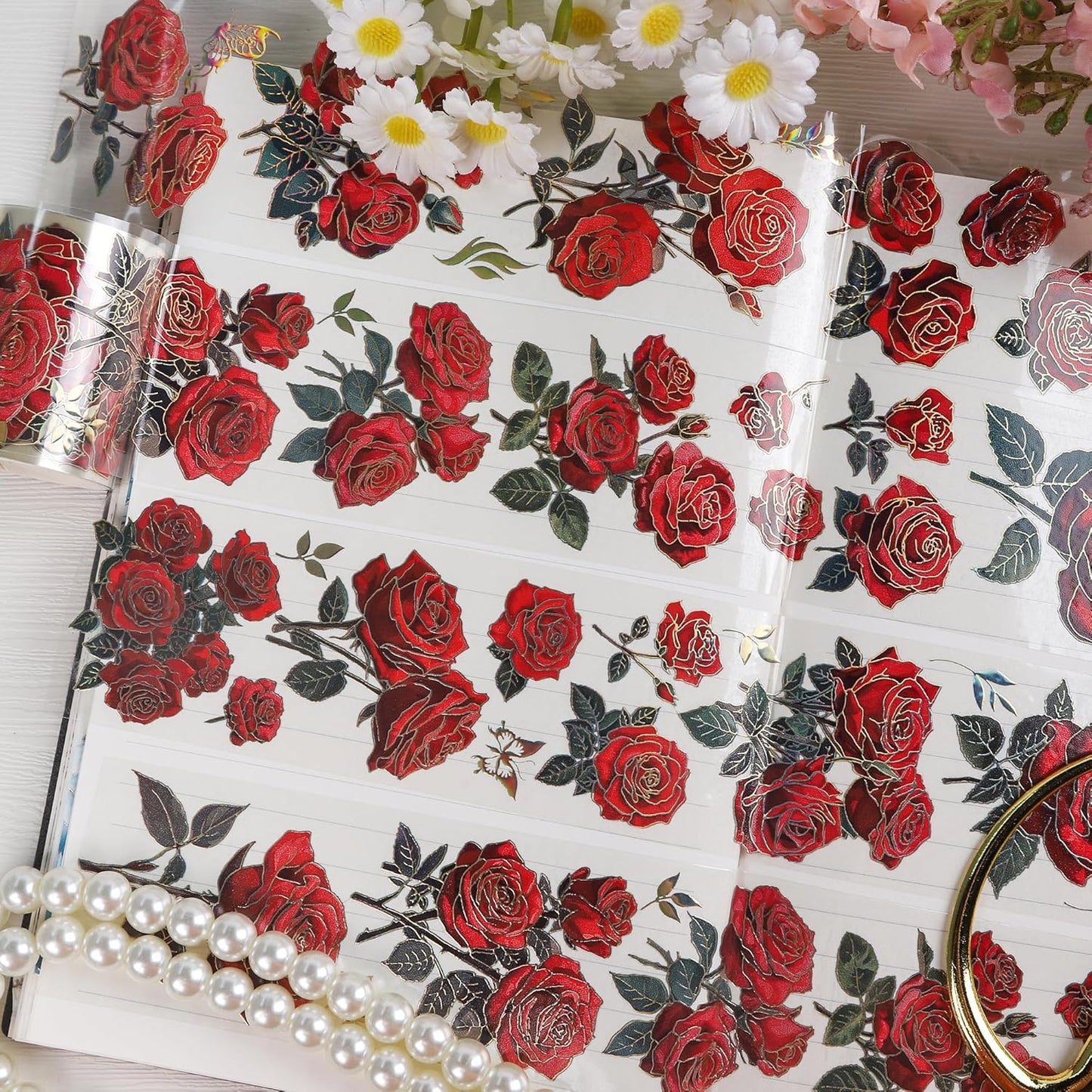 Rose Flower Scrapbook Supplies - Vintage Red Flower Junk Journal Supplies, Floral Srapbooking Tapes Art Crafts Decorative