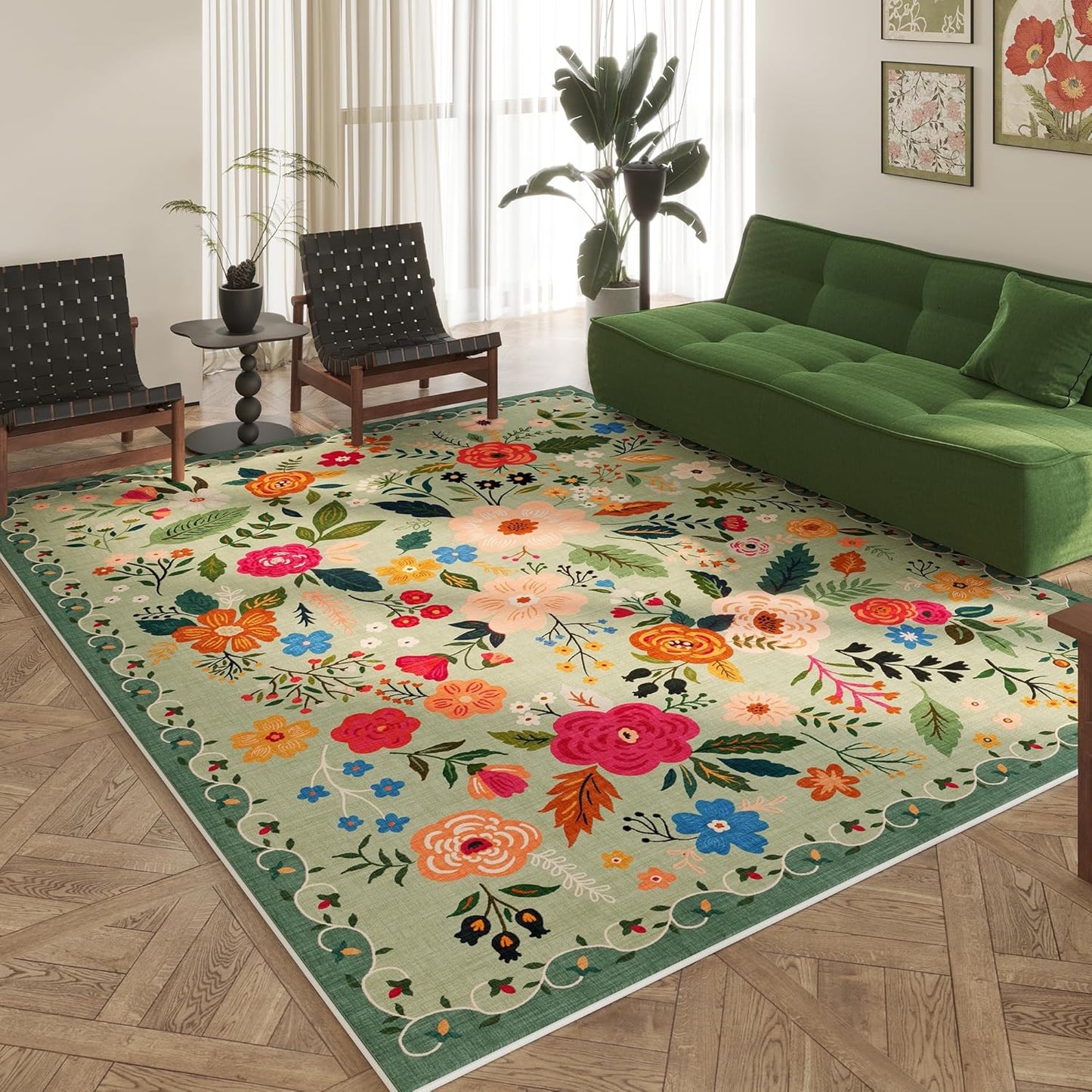 Rugcomf Area Rugs 9x12 Living Room Clearance Washable Boho Rug Non Slip Floral Vintage Low Pile Large Rug for Living Room, Bedroom, Farmhouse, Dining Room, Kids Playroom(Green)