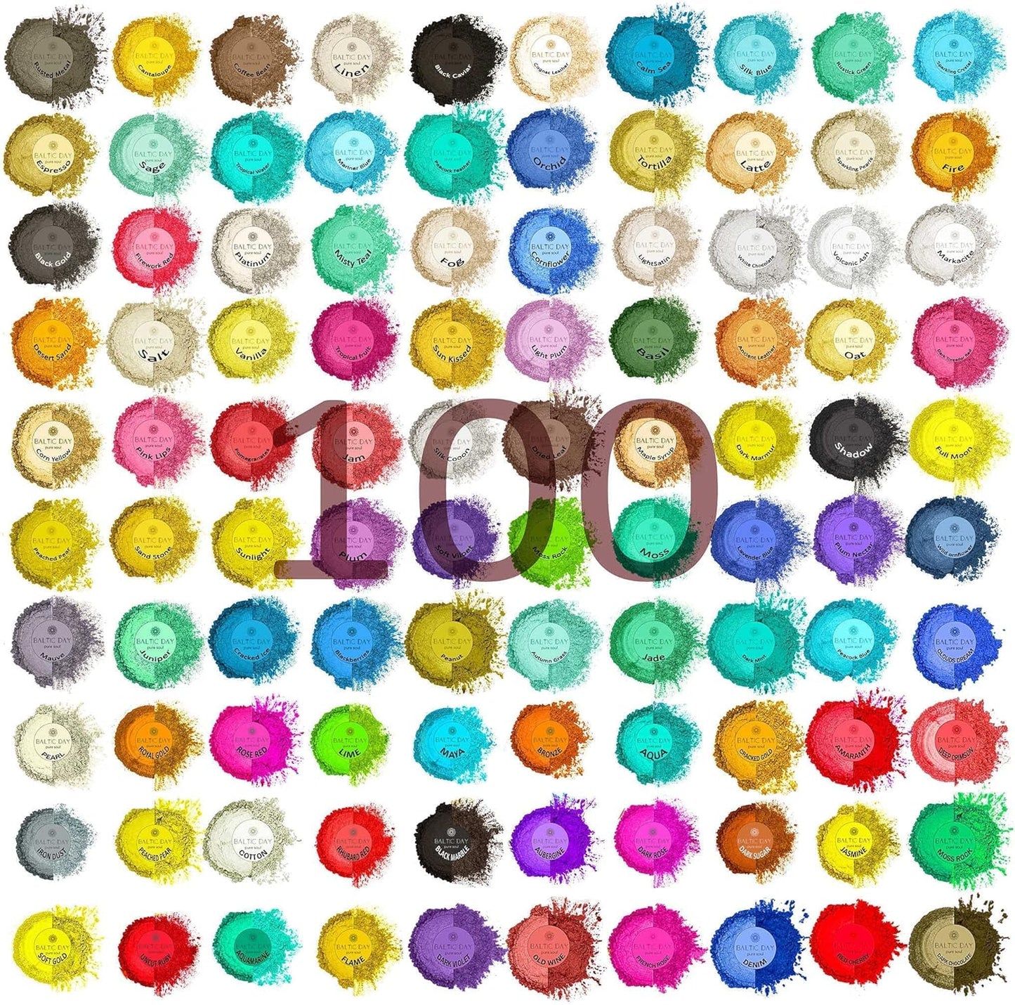 BALTIC DAY - Mica Powder, 100 Colors - Mica Powder for Epoxy Resin - Epoxy Resin Color Pigment Powder - Pigments for Soap Making, Candle, Slime, Lip Gloss, Nails, Paint, Acrylics