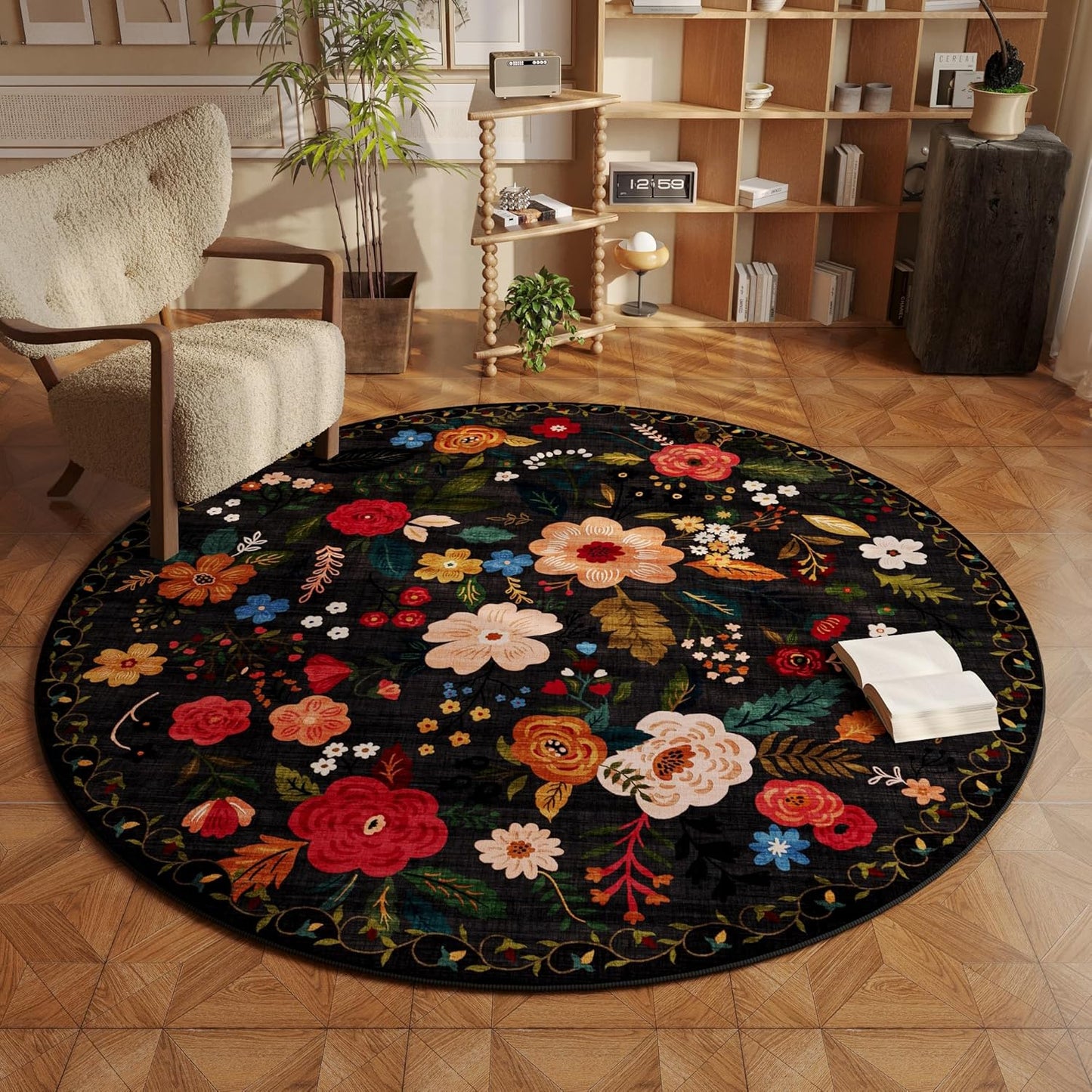 Rugcomf Round Rug 4ft Washable Circle Rug Non Slip Low Pile Boho Floral Small Circular Rug for Bedroom, Bathroom, Entryway, Kids Room, Office, College Dorm(Black)