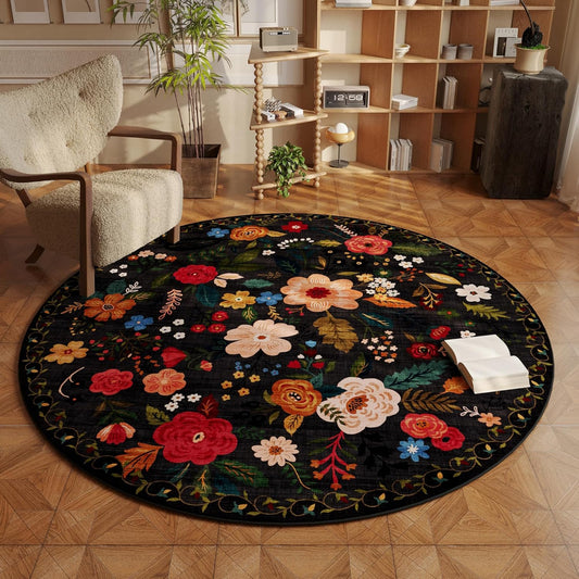 Rugcomf Round Rug 6ft Washable Circle Rug Non Slip Low Pile Boho Floral Small Circular Rug for Bedroom, Bathroom, Entryway, Kids Room, Office, College Dorm(Black)