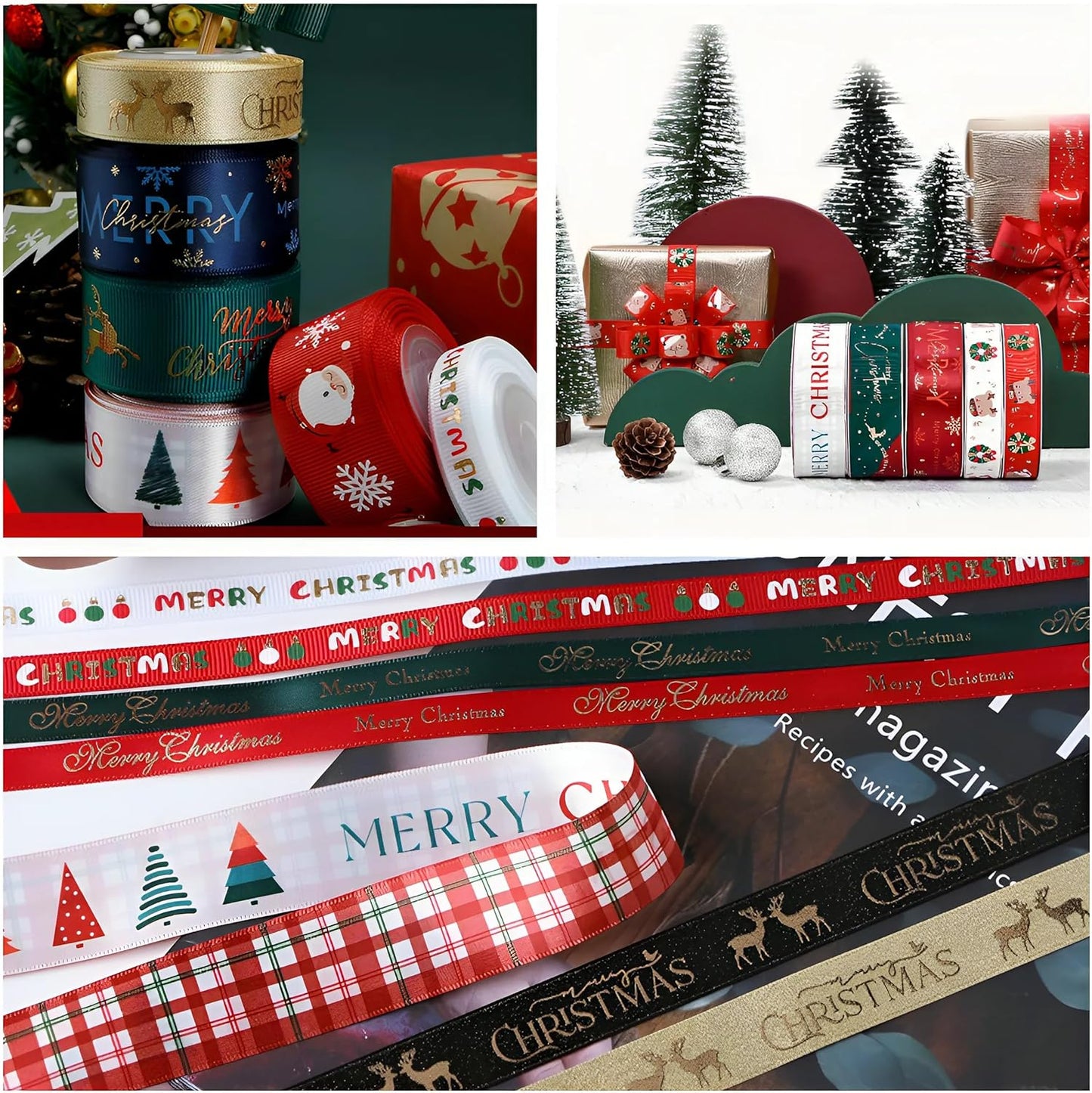 Christmas Gift Wrapping Ribbon, Red, Green, 2 Rolls Printed Grosgrain Ribbons for Crafts, Floral Bouquets, Sewing, Party and Festive Holiday Decor (2 Rolls(Green/White), 1 Rolls=1in * 5Yards)