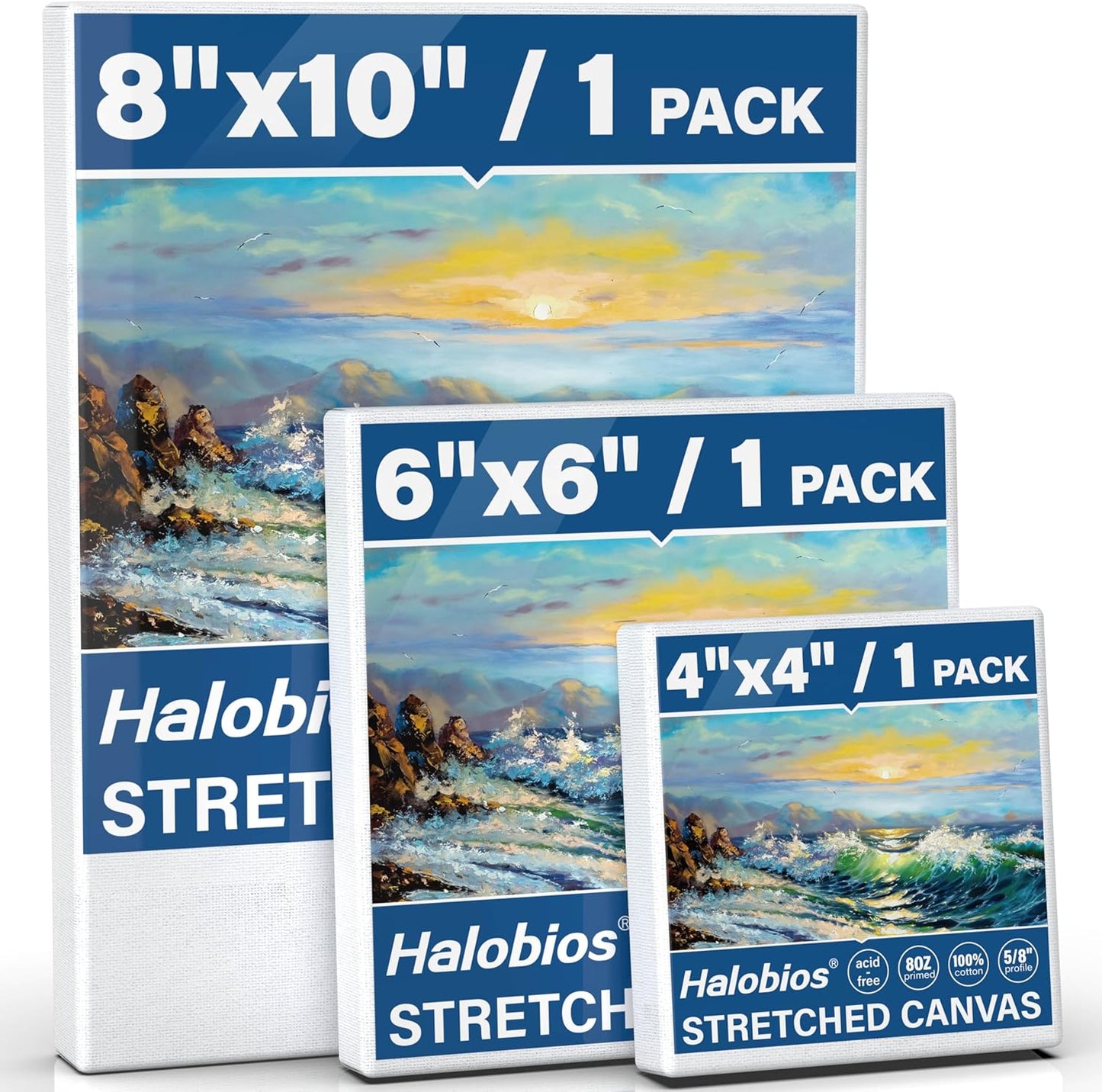 Stretched Canvases for Painting with 4x4 Inch, 6x6 Inch, 8x10 Inch, 3 Packs Pinting Blank Canvases for Acrylics,Oils & Other Painting Media, 5/8 Inch Profile 100% Cotton Artist Framed Canvas