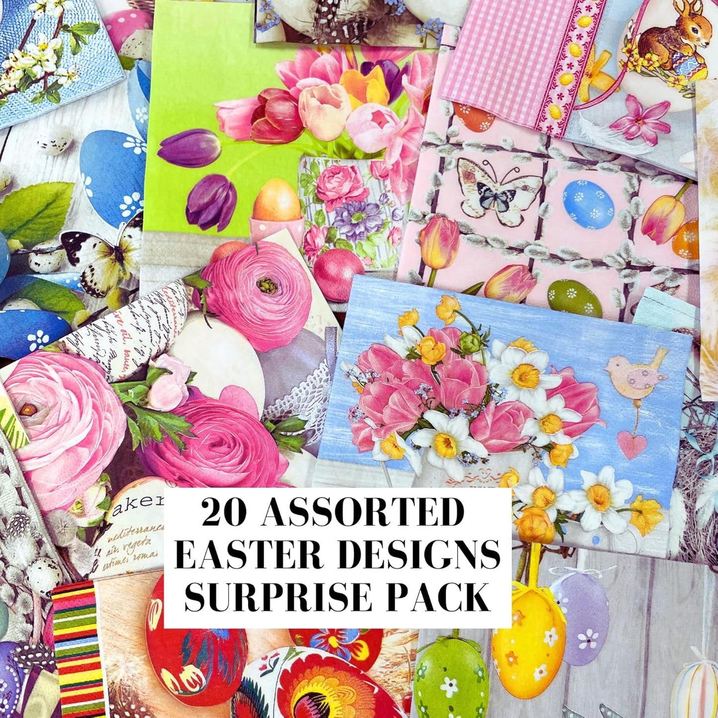Mystery Pack Decoupage Paper Napkins, 20-ct Assorted Surprise Napkins, Decorative Napkins Easter for Art Craft Junk Journal, 20 Different Designs