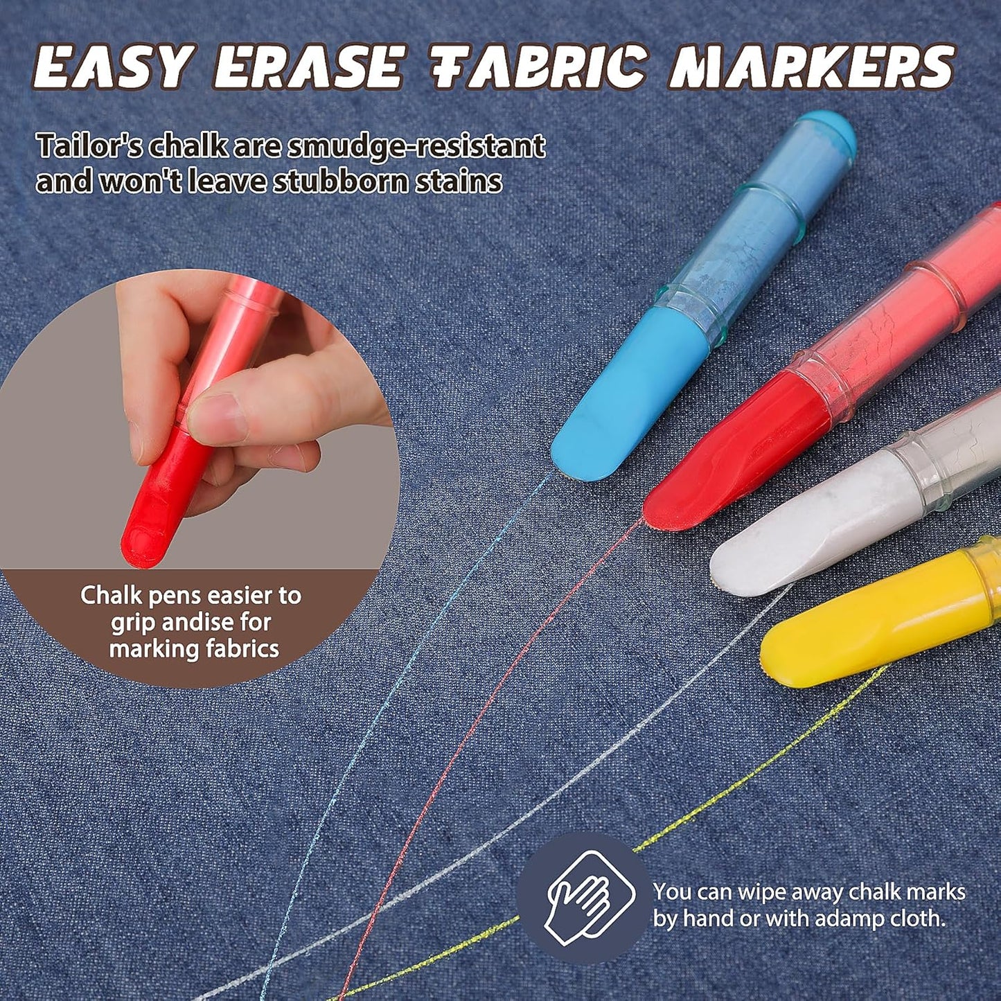 Fabric Chalk Markers for Sewing,Quilting,Crafting|Erasable Tailor’s Chalk|Work on Various Fabrics|Dosing Wheel Drawing Intricate Patterns Precise Lines-Per Pack(Blue,White and 1 Ruler)
