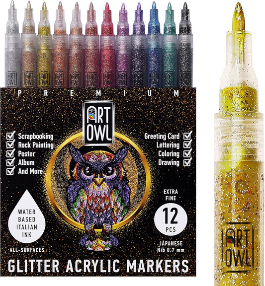 Acrylic Glitter Paint Marker Pens, Ultra Fine Point 0.7mm - Sparkle Paint Pens for Rock Painting, Stone, Ceramic Glass, Wood, Card Stock, Canvas, DIY Crafts - Set of 12
