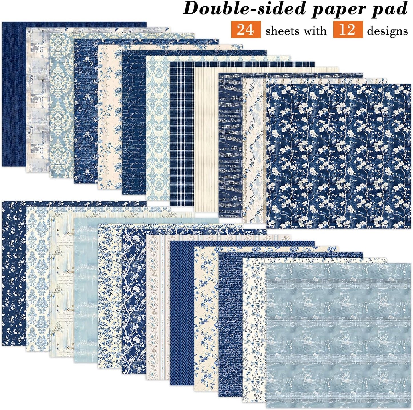 6 Inch Blue Floral Aesthetic Scrapbooking Paper Pad - 24 Sheets Double Sided Patterns for Background Photos Junk Journal Card Making Origami DIY Crafts Gifts Wrapping Material