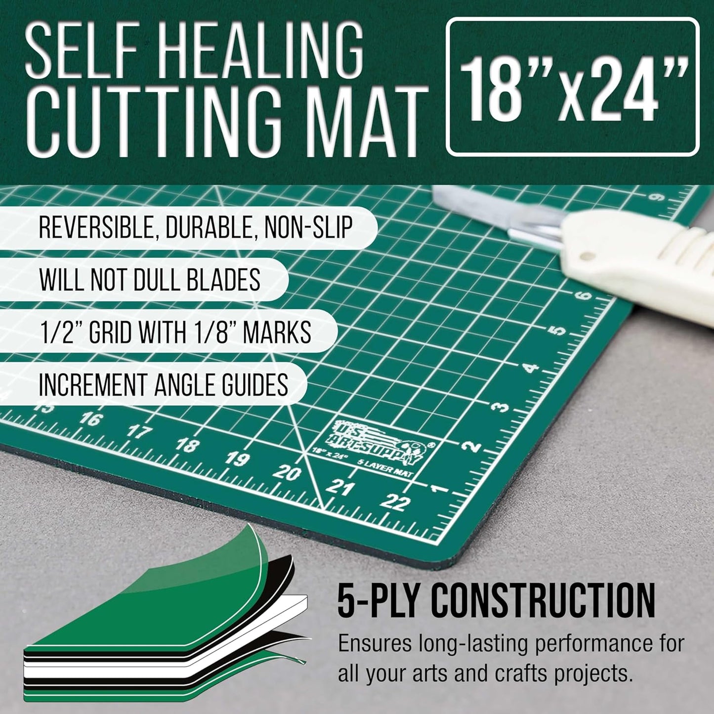 U.S. Art Supply 18" x 24" Self-Healing Cutting Mat 5-Ply - Double-Sided Green/Black Craft Mat, Non-Slip Cutting Mats for Crafts, Sewing, Quilting, Scrapbooking