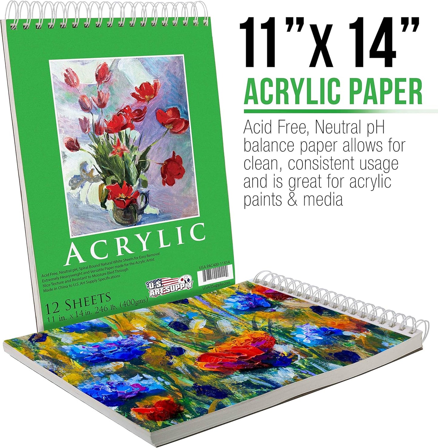 U.S. Art Supply 11x14 Premium Heavy-Weight Acrylic Painting Paper Pad, 246lb (400gsm), 2 Pack, 12 Sheets, Spiral Bound, for Acrylic Paint
