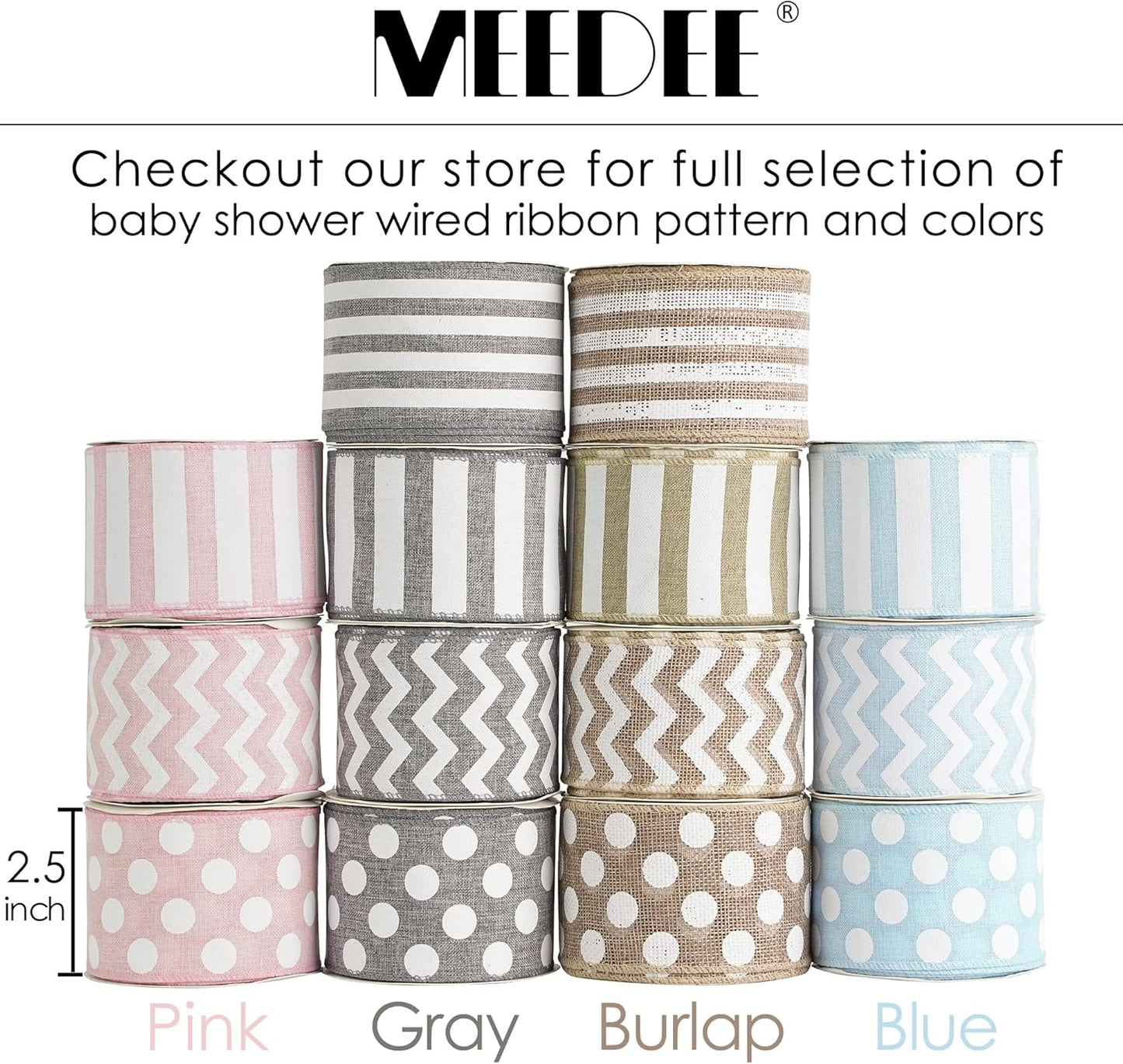 MEEDEE Burlap Ribbon with White Polka Dots - 2.5 Inch Natural Linen Wire Edge Craft Ribbon for Baby Shower, Beach, Farmhouse Gift Basket, 10 Yards