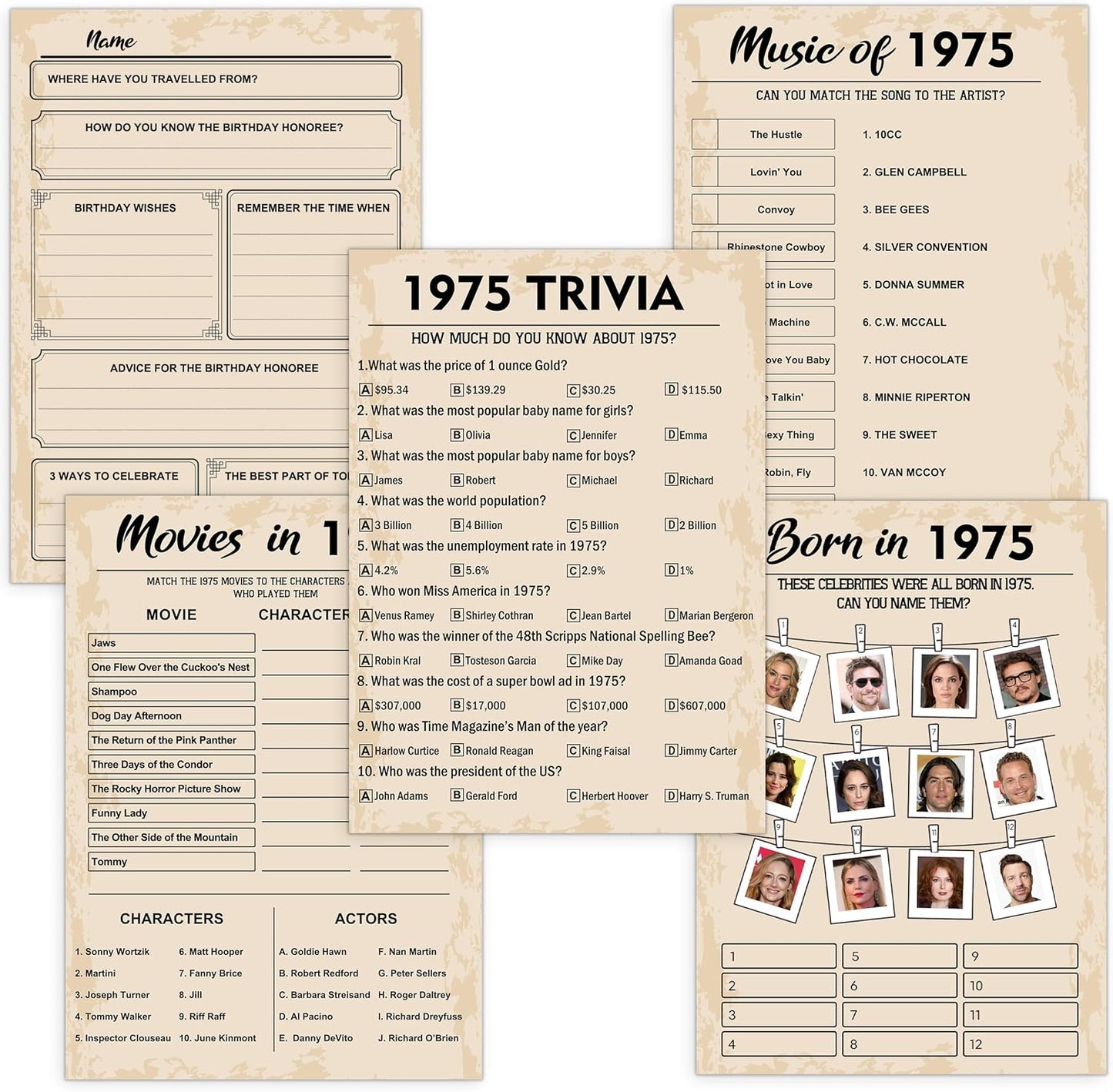 QUPT 50th Birthday Party Games,Set of 5 Activities for 10 Guests, Born in 1975 Games Bundle, Birthday Party Supplies for Adults, Pack of 50 Cards