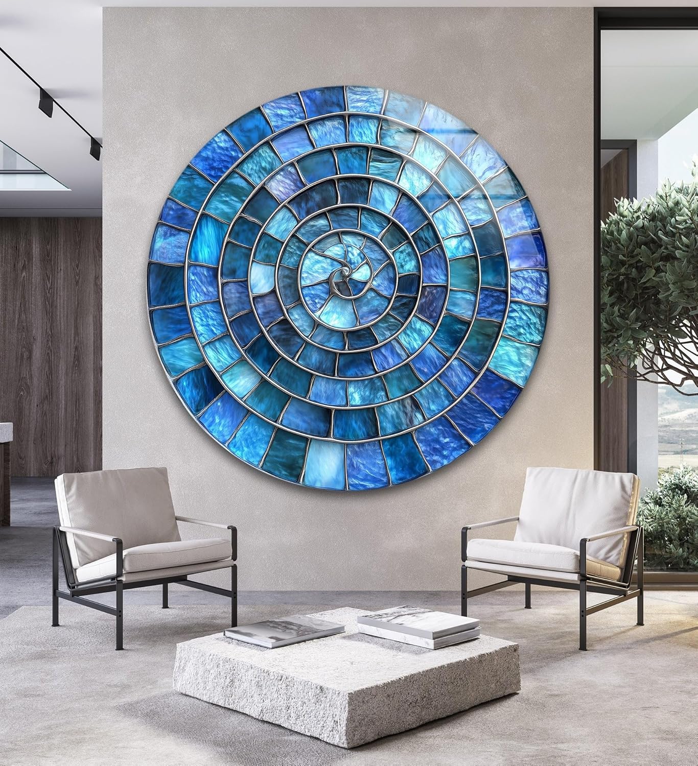 My Photostation.com 20''(50cm) Diameter Blue Aqua Spiral Harmony Round Glass Wall Art Tempered Glass Printing Wall Decor Large Wall Art Wall Hangings