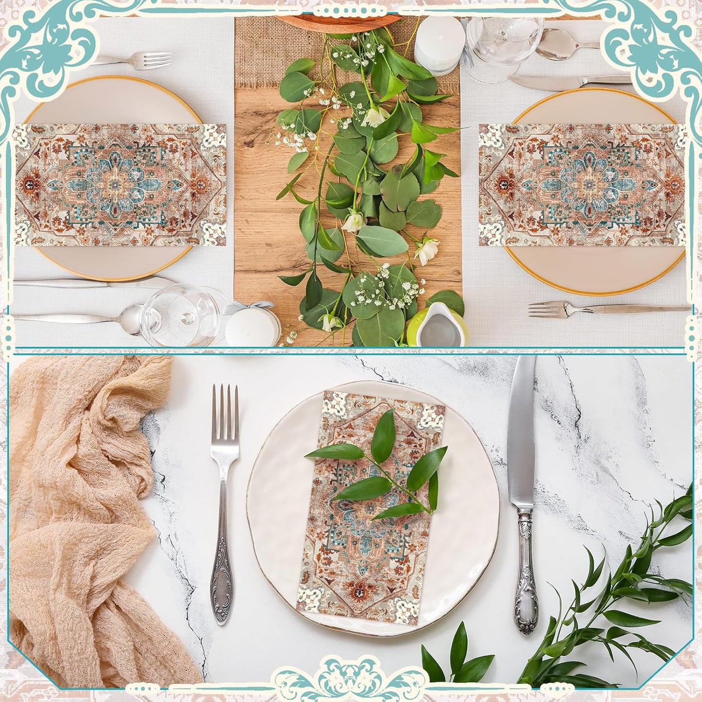 Yeaqee 100 Pcs Vintage Boho Napkins Paper Guest Towels 2 Ply Decoupage Napkins Disposable Decorative Hand Towel for Bathroom Kitchen Fall Wedding Party Dinner(Brick Red and Dark Blue)