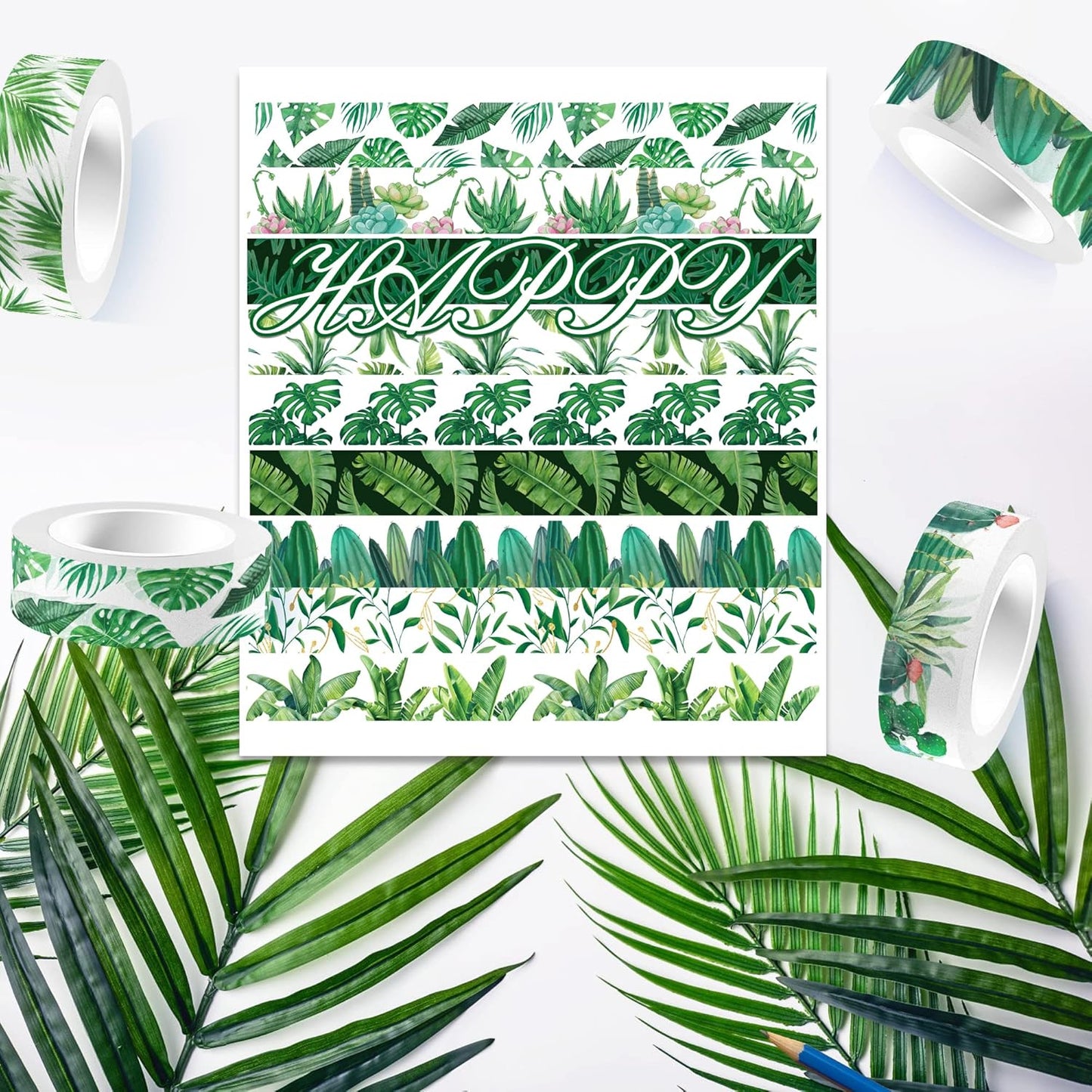 Greenery Washi Tape Set 12 Rolls, Tropical Leaves Masking Tape Hawaii Green Plants Cactus Summer Greenery Decorative Stickers for Note Scrapbook Handbook Sticker Gifts Wrapping DIY Art Crafts