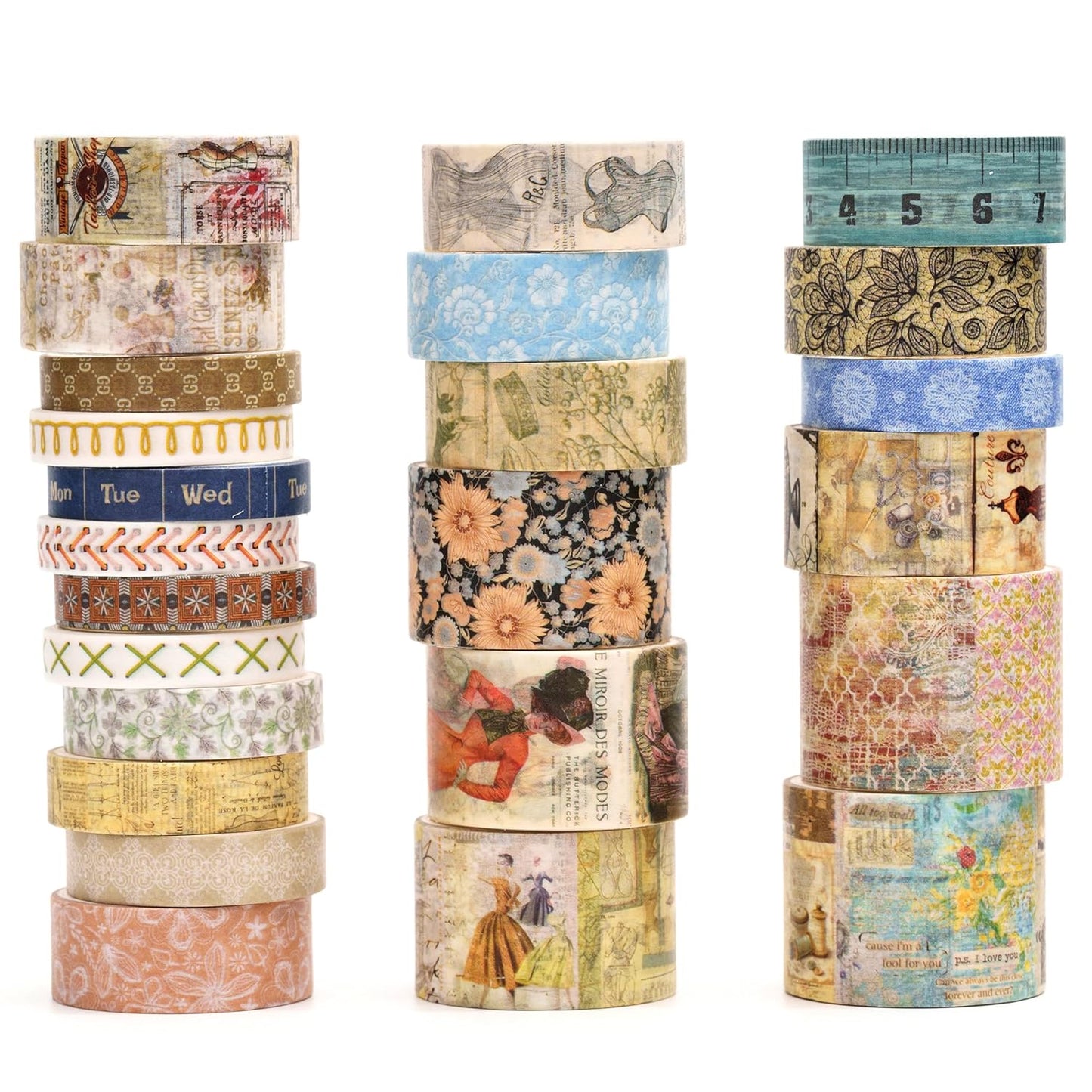 Vintage Washi Tape Set - 24 Rolls Arts Adhesive Tapes Assorted Retro Decorative Masking Tape Sets for Craft, Kids, Scrapbook, DIY, Gift Wrapping (7-Daily Vintage)