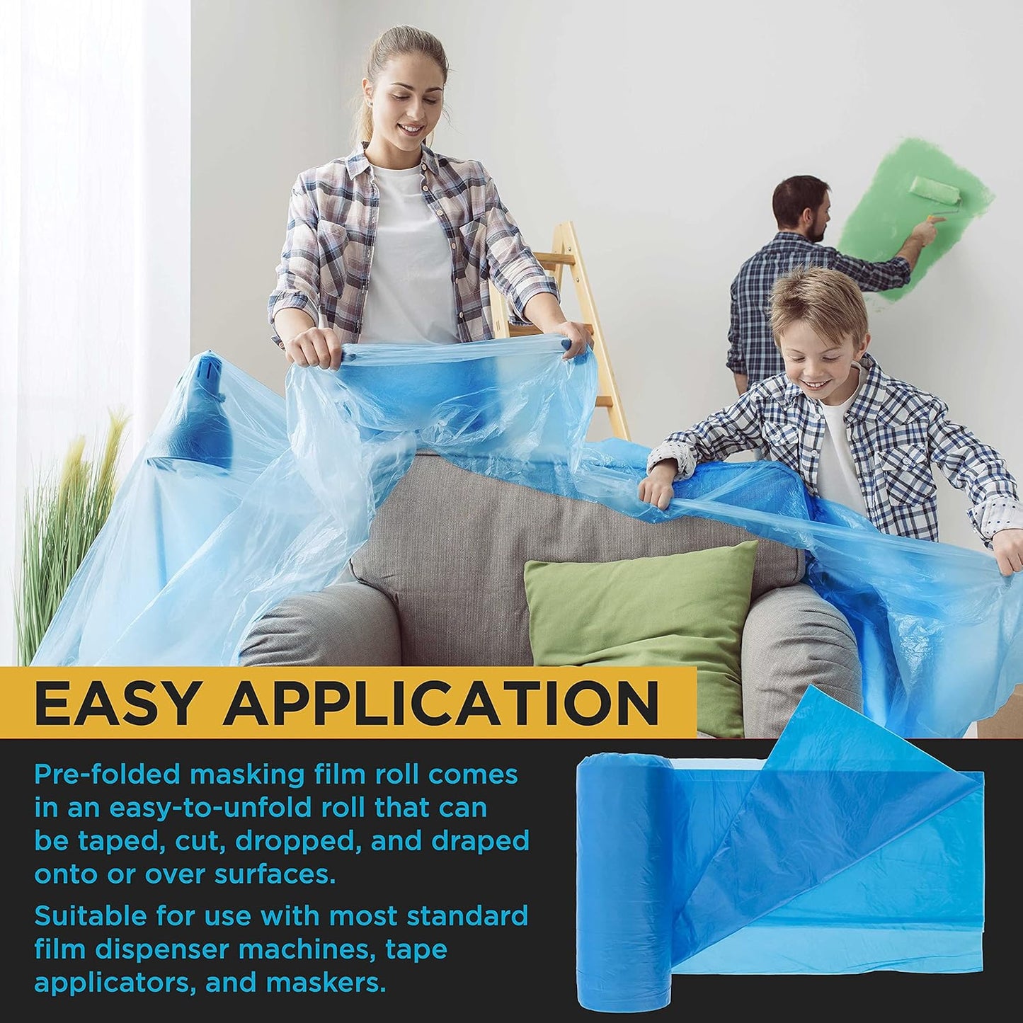 Dura-Gold Pure Blue Pre-Folded Masking Film, (4 Pack of 24, 48", 72", 95") Painters Plastic Roll, Pull Down Drop Sheet, Pre-Folded Plastic Sheeting for Painting Protection on Auto, Walls, Furniture