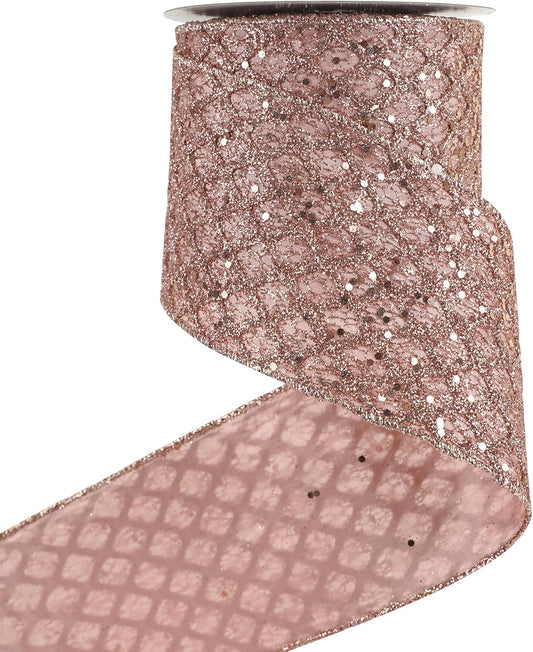 HUIHUANG Rose Gold Christmas Ribbon 4 inch Rose Gold Glitter Wired Ribbon Diamond Mesh Wire Ribbon for X-mas Tree Decorations, Wreaths, Garland, Large Bows Making, Home Decor -10 Yards