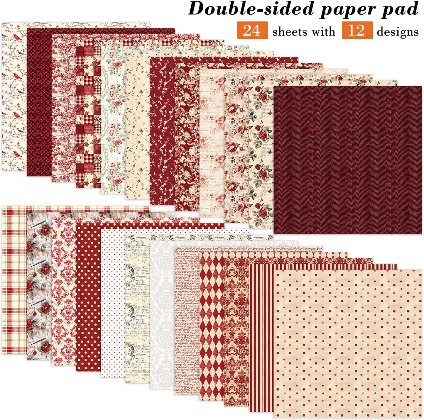 24 Sheets Red Aesthetic Scrapbooking Paper Pad - 6In x 6In Double Sided Flowers Patterns for Photos Album Journals Supplies Decorative Collage Origami DIY Crafts Gifts Wrapping