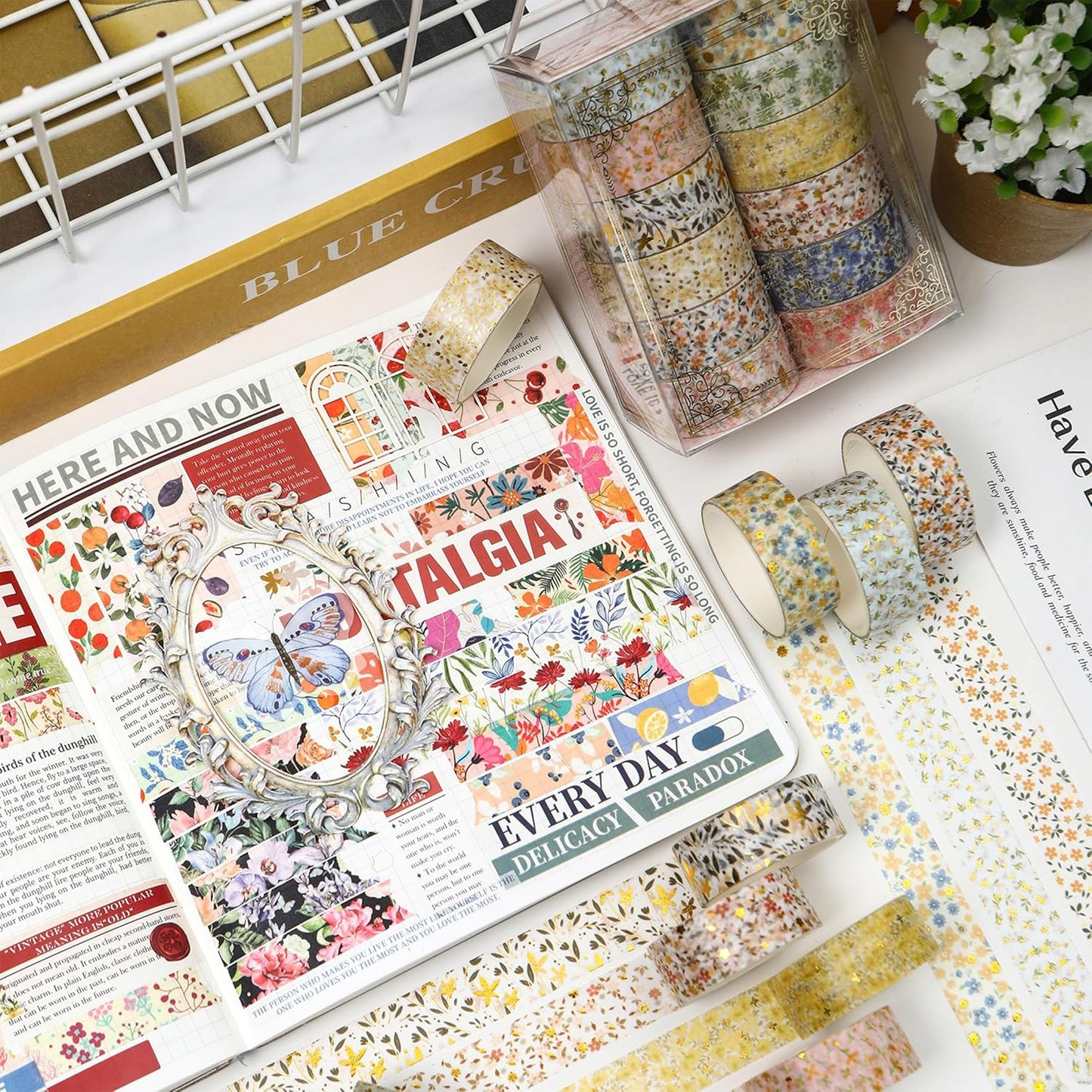 12 Rolls Charming Washi Tape Set Gold Silver Foil Detailing Arts Adhesive Tapes Basic Patterns Decorative Masking Tape Sets for Craft, Kids, Scrapbook, DIY, Gift Wrapping (Spring Bloom)