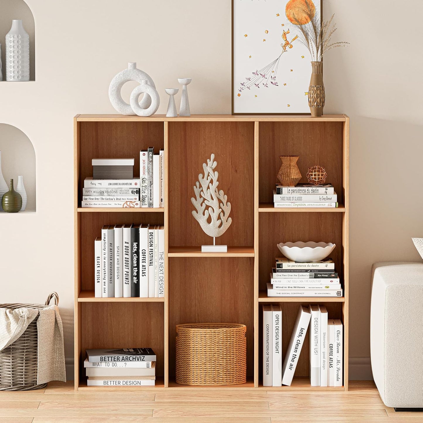 Wooden Cube Storage Organizer with Closed Back Panel, 11in Cube Shelf Opening, Bookshelf, Display Shelf,Closet Cabinet for Home and Office (Natural Oak, 8-Cube 35.98L*9.45W*35.91H)