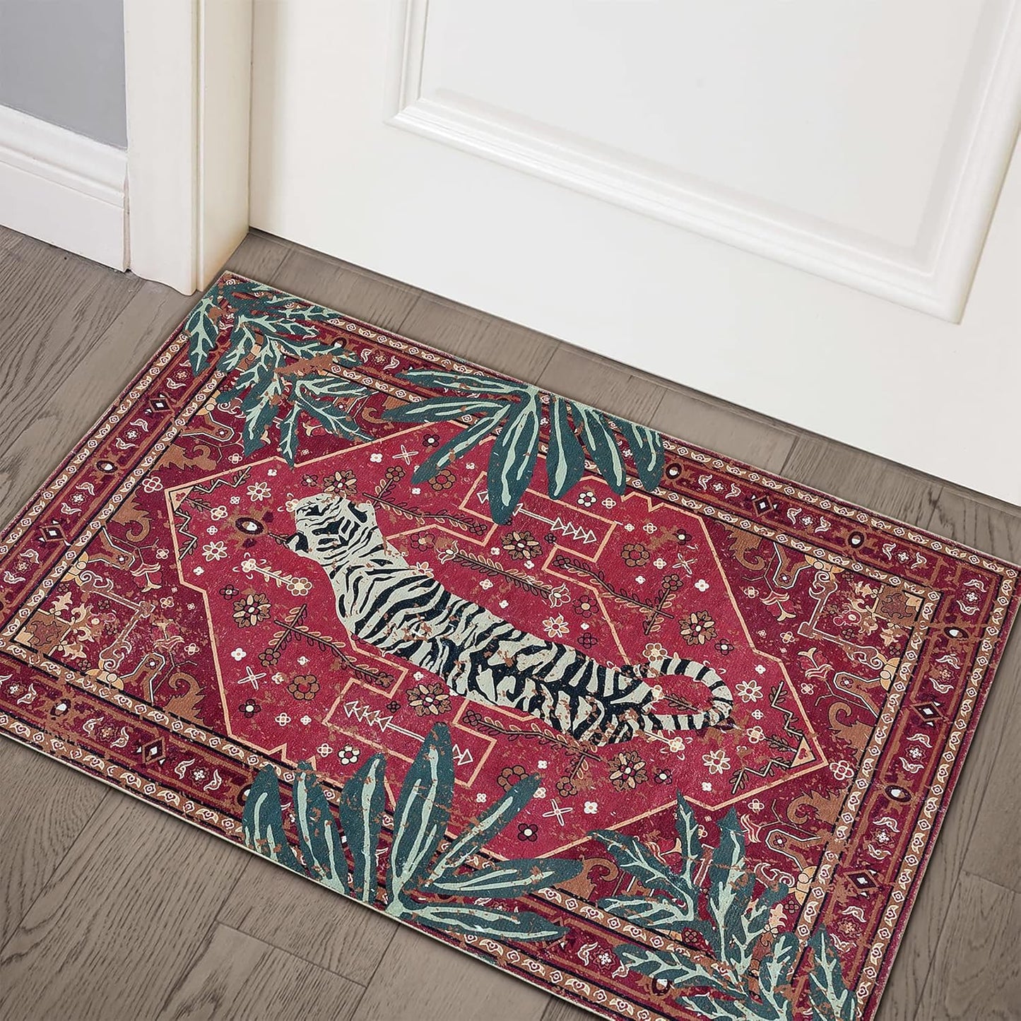 Vintage Tribal Faux Wool Red Boho Throw Rugs - 2x3, Non-Slip, Washable for Bathroom, Kitchen, Indoor, Entryway, Modern, Distressed, Tribal, Indian Accent Floor Mat