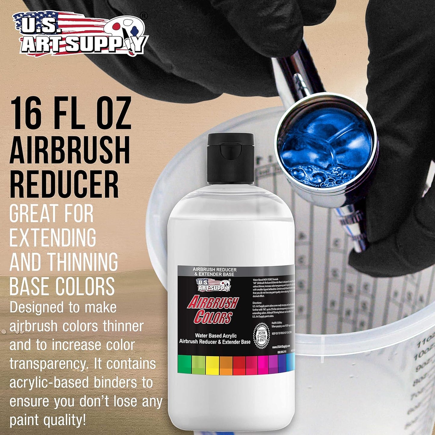 U.S. Art Supply 16-Ounce Airbrush Thinner Reducer and Extender Base for Acrylic Paints - Airbrush Paint Thinner, Reduces Viscosity, Improves Flow, Thins Acrylic Pouring Paint