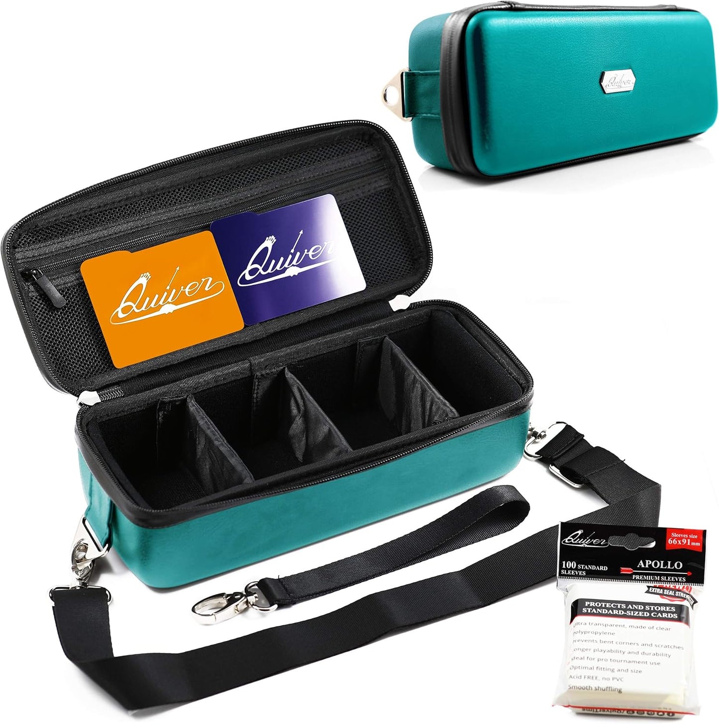 Quiver Time Teal Bolt Card Carrying Case fits Pokemon Cards and other TCG Games - Storage Bag for Playing/Trading Cards and Deck Box (Straps, Dividers & 100 Apollo Card Sleeves)