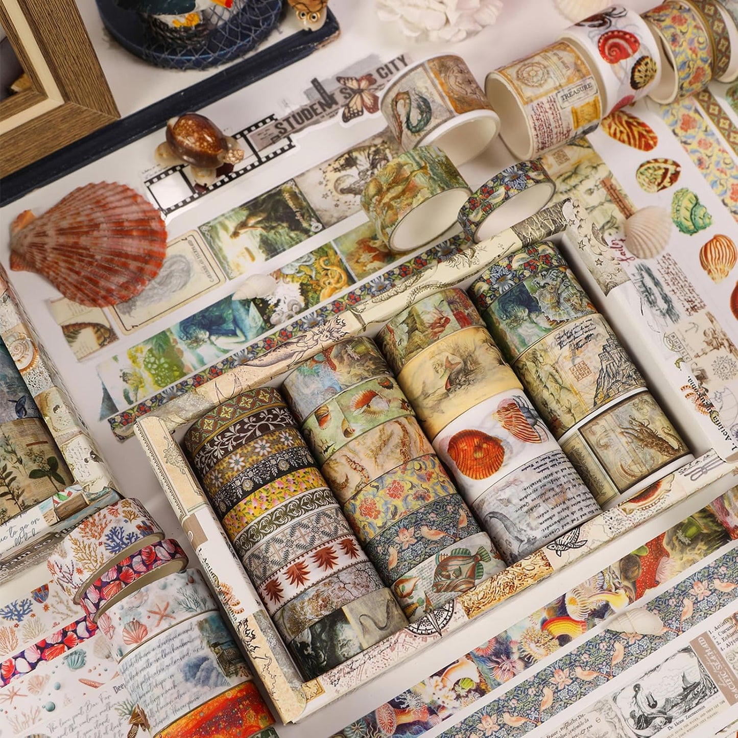 Vintage Washi Tape Set - 24 Rolls Arts Adhesive Tapes Assorted Retro Decorative Masking Tape Sets for Craft, Kids, Scrapbook, DIY, Gift Wrapping (3-Ocean Odyssey)