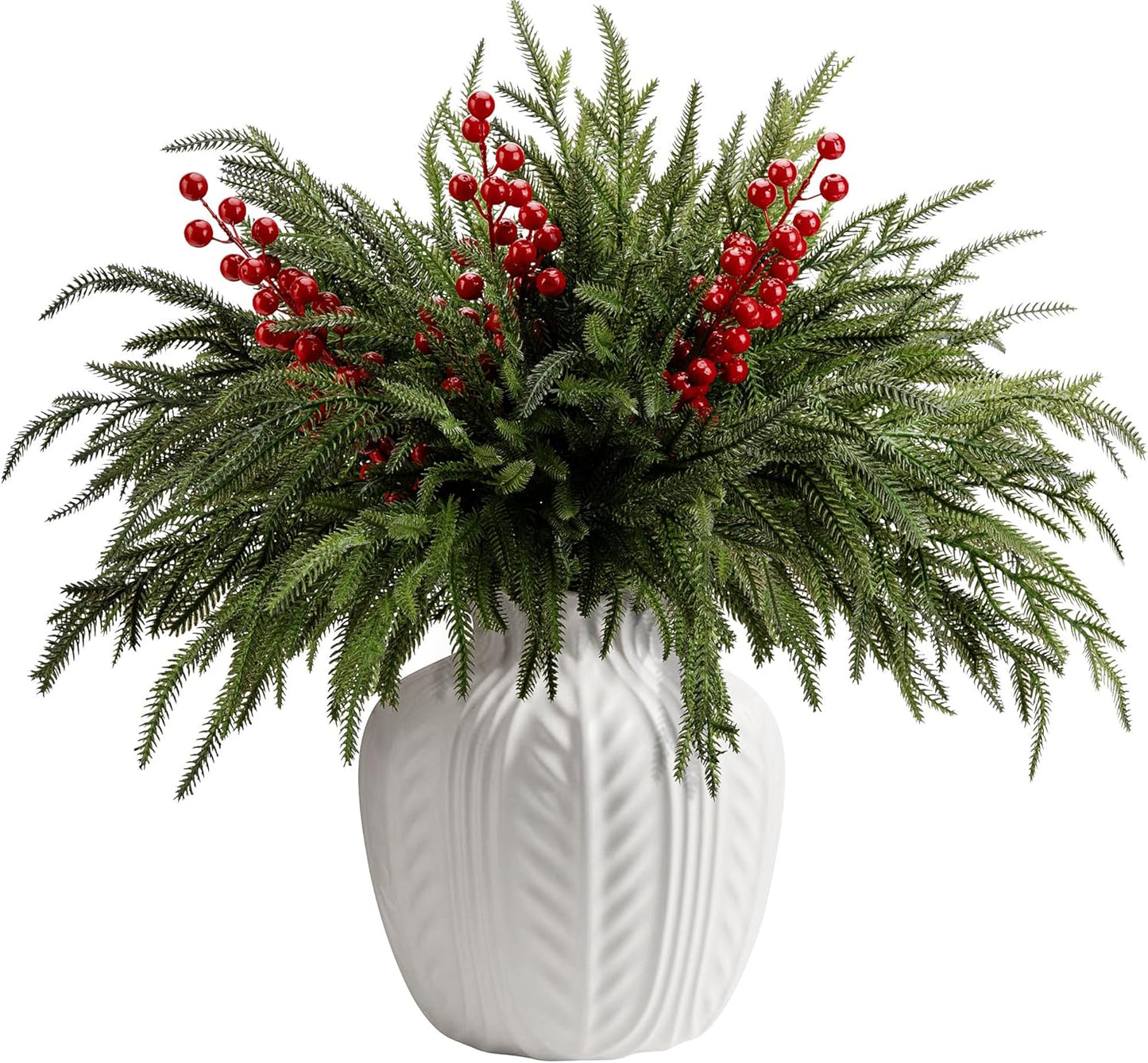 15 Pcs Christmas Norfolk Pine Branches with Red Berry Stems, 19" Extra Long Fake Greenery Norfolk Pine Stems Sprigs, Artificial Xmas Branches Plants Pine Leaves for DIY Craft Garland Home Decor