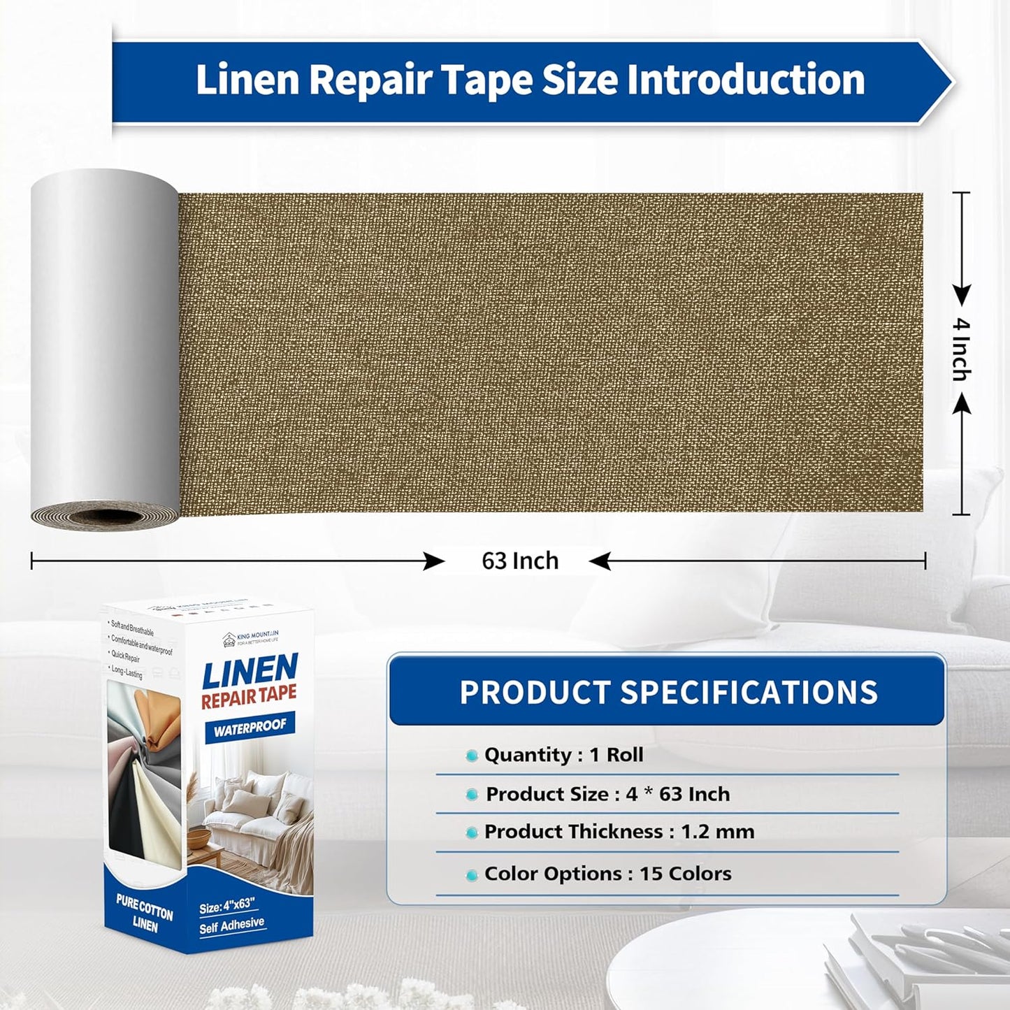 KING MOUNTAIN Linen Repair Patches, Self-Adhesive Linen Fabric Patches, 4 X 63 inch Extra Size, Multi Color, Can be Used for Linen Sofa Repair and Linen Clothes Repair (Brown)