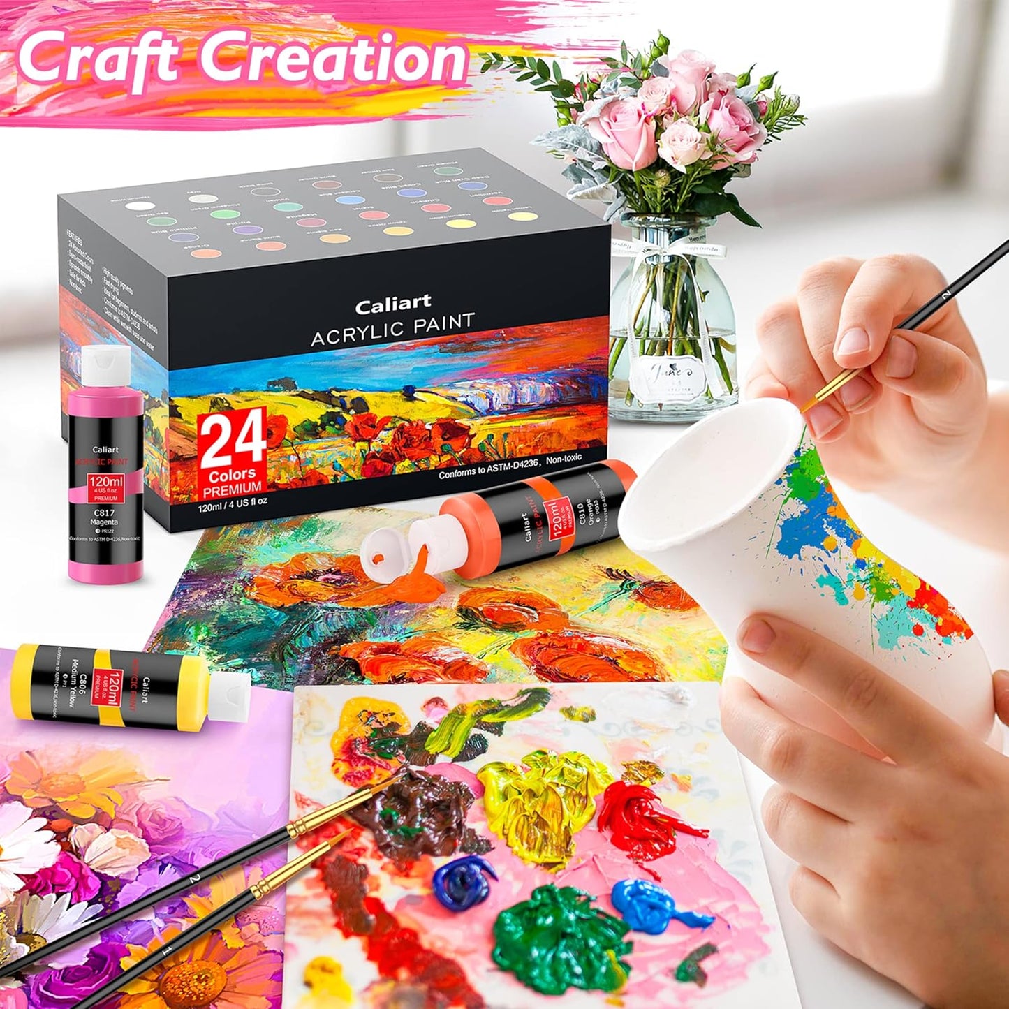 Caliart Acrylic Paint Set With 12 Brushes, 24 Colors (120ml, 4oz) Art Craft Paints for Adults Artists Beginners Painters, Canvas Ceramic Wood Rock Painting Art Supplies Kit