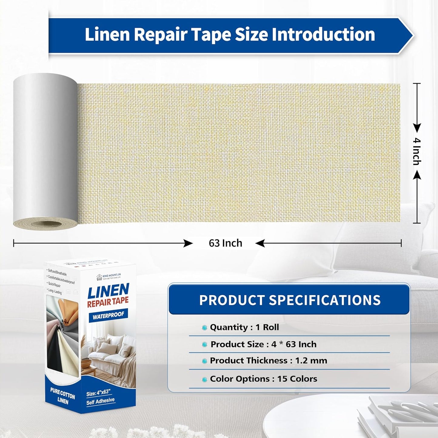 KING MOUNTAIN Linen Repair Patches, Self-Adhesive Linen Fabric Patches, 4 X 63 inch Extra Size, Multi Color, Can be Used for Linen Sofa Repair and Linen Clothes Repair (Beige 1.0)