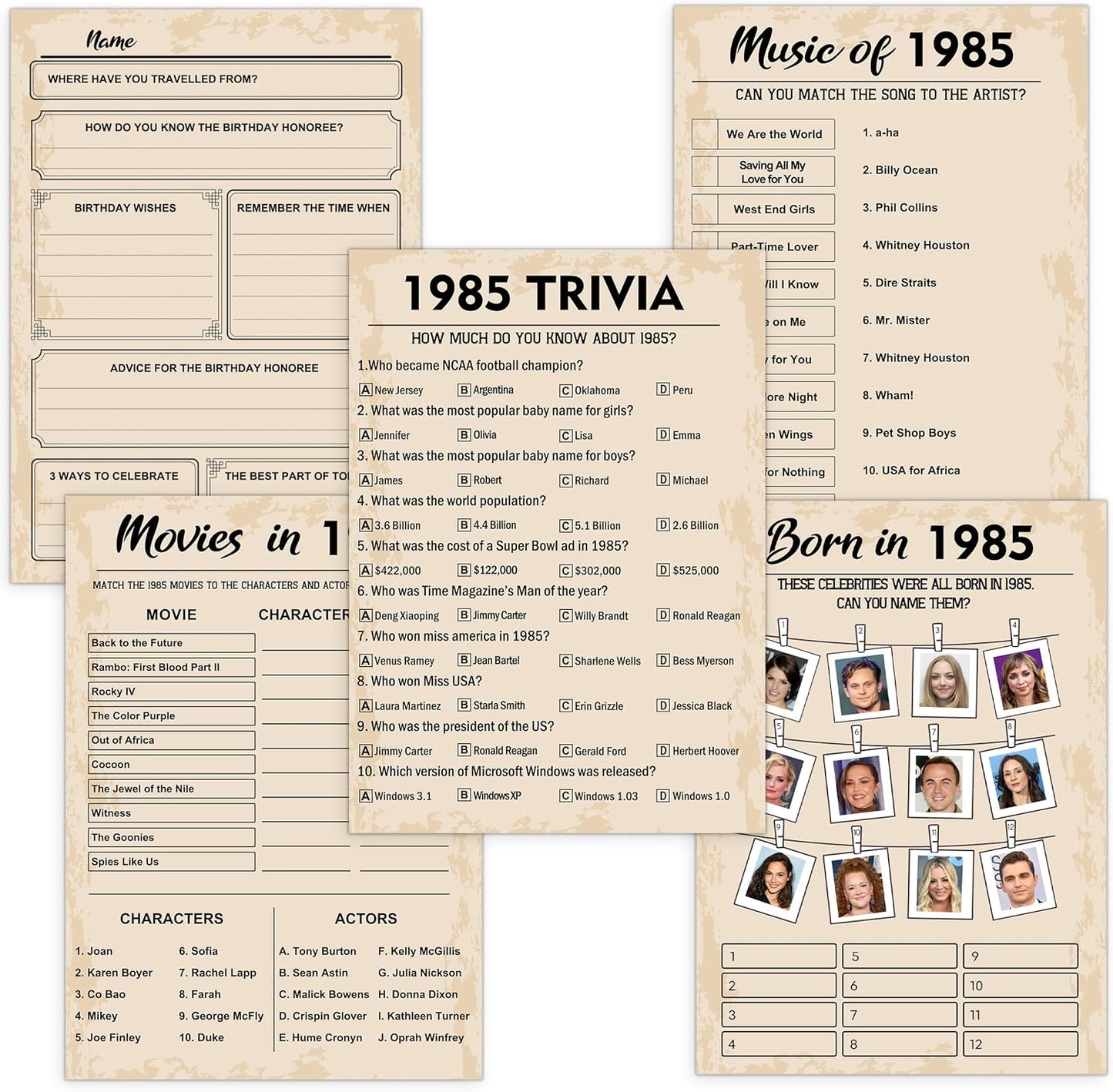 QUPT 40th Birthday Party Games, Set of 5 Activities for 10 Guests, Born in 1985 Games Bundle, Birthday Party Supplies for Adults, Pack of 50 Cards