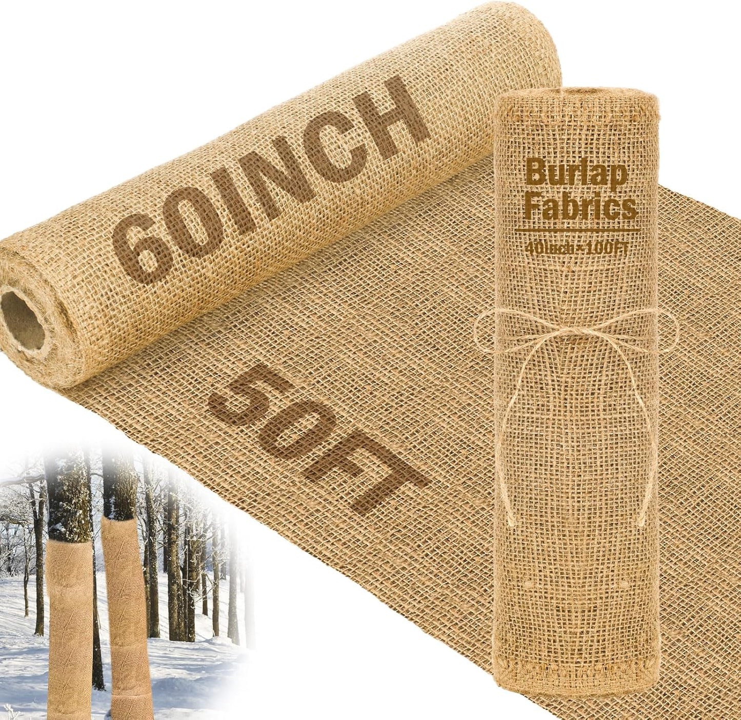 Buryeah 60 Inch x 50 ft Burlap Fabrics Roll Natural Jute Burlap Garden Tree Wrap Outdoor Weed Barrier DIY Fall Halloween Craft Winter Frost Plant Landscape Blankets Cloth for Plant Gardening Shrubs