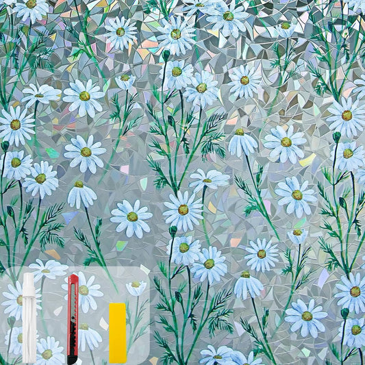 Window Privacy Film Stain Glass Window Film Rainbow Window Film Window clings Non-Adhesive Reusable Decorative for Room (Daisy Rainbow, 35.4 x 157.4 in)