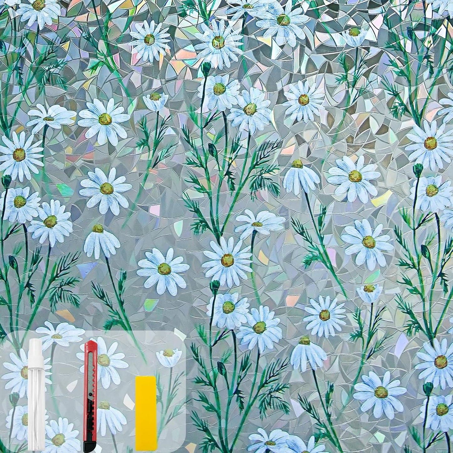 Window Privacy Film Stain Glass Window Film Rainbow Window Film Window clings Non-Adhesive Reusable Decorative for Room (Daisy Rainbow, 45.2 x 78.7 in)