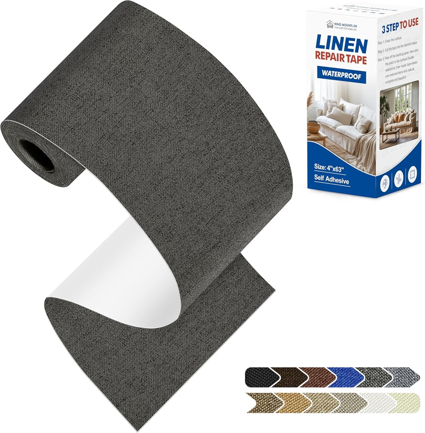 KING MOUNTAIN Linen Repair Patches, Self-Adhesive Linen Fabric Patches, 4 X 63 inch Extra Size, Multi Color, Can be Used for Linen Sofa Repair and Linen Clothes Repair (Dark Grey)