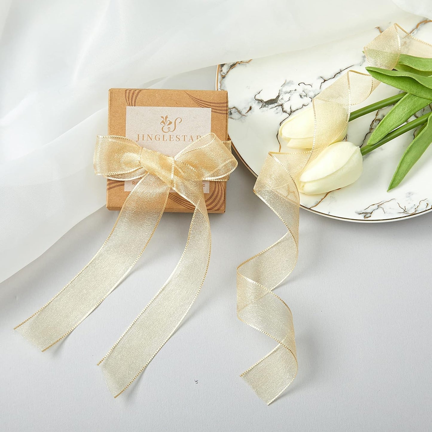 1 Inch Wide Sheer Chiffon Ribbon - Pearl Silk Woven Ribbon Suitable for Gift Wrapping, Wedding Decor, Home Decor, Girl Hair Accessories Handmade DIY (25 Yards/roll) (Champagne)
