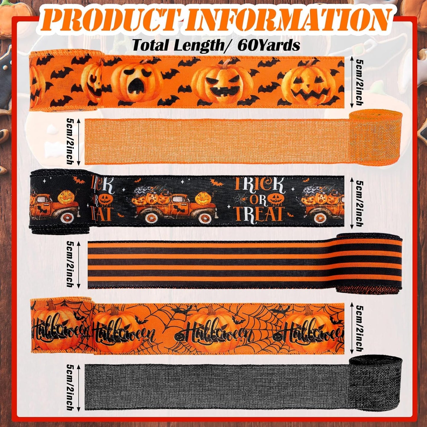 12 Rolls Halloween Wired Edge Ribbon for Wreaths 2 Inch x 60 Yards Bat Spider Web Pumpkin Print Ribbon Ghost Witch Hat Crafts for Halloween Party Decorative Supplies, 12 Styles