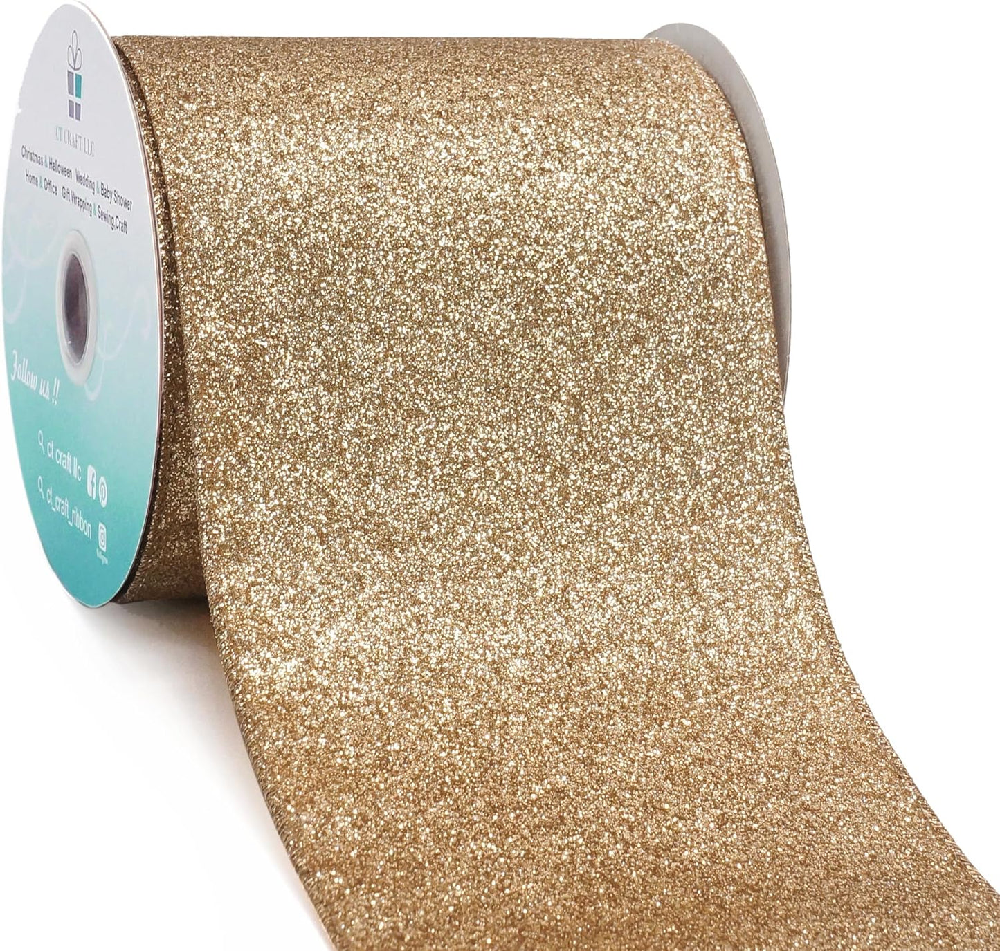 CT CRAFT LLC Glitter Wired Ribbon 4" x 10 Yards Gold (Champagne Gold) for Christmas Home Decor Bow Gift Wrapping DIY Crafts Wreath