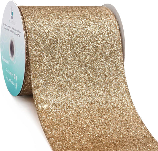 CT CRAFT LLC Glitter Wired Ribbon 4" x 10 Yards Gold (Champagne Gold) for Christmas Home Decor Bow Gift Wrapping DIY Crafts Wreath