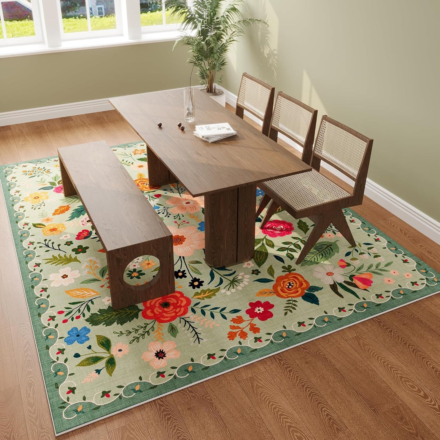 Rugcomf Living Room Rug 5x7 Rug Machine Washable Boho Area Rug Non Slip Floral Vintage Low Pile Large Rugs for Living Room, Bedroom, Farmhouse, Dining Room, Kids Playroom(Green)