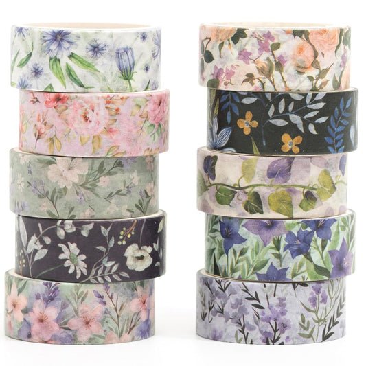 10 Rolls Blooming Flowers Washi Tape Set Floral Arts Adhesive Tapes Colorful Garden Decorative Masking Tape Sets for Craft, Kids, Scrapbook, DIY, Gift Wrapping (4-Purple)