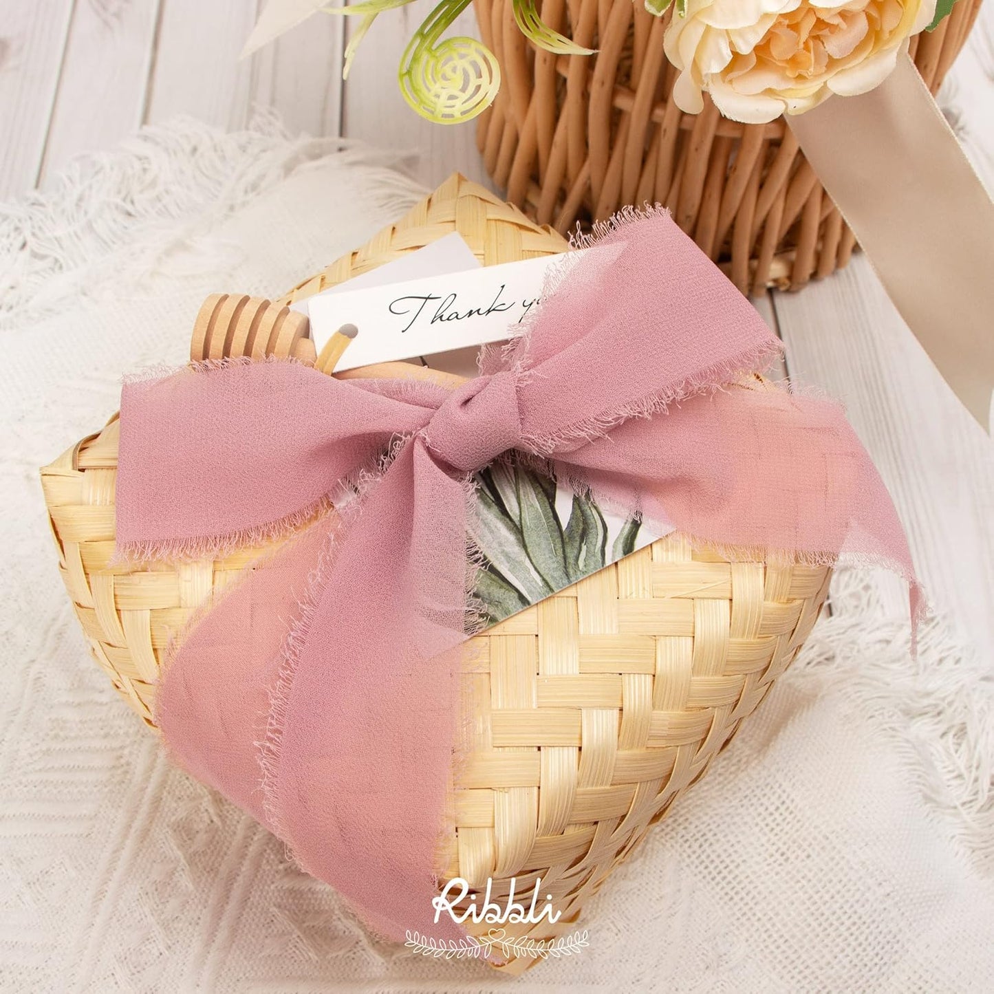 Ribbli Chiffon Silk Ribbon, 1.5 inch x 30 Yard, Champagne/Blush Pink/Dusty Rose Fringe Chiffon Ribbon for Wedding Invitations, Bridal Bouquets Wrapping, Flower Arrangement Decoration