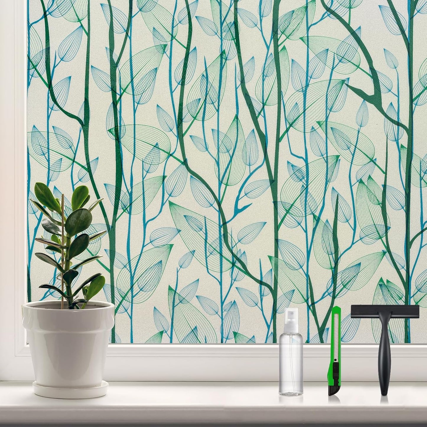 DKTIE Window Film Privacy with Installation Tools, Decorative Stained Glass Window Clings for Home, Static Cling Window Sticker for Front Door, Bathroom (Green, 17.7'' x 78.7'')