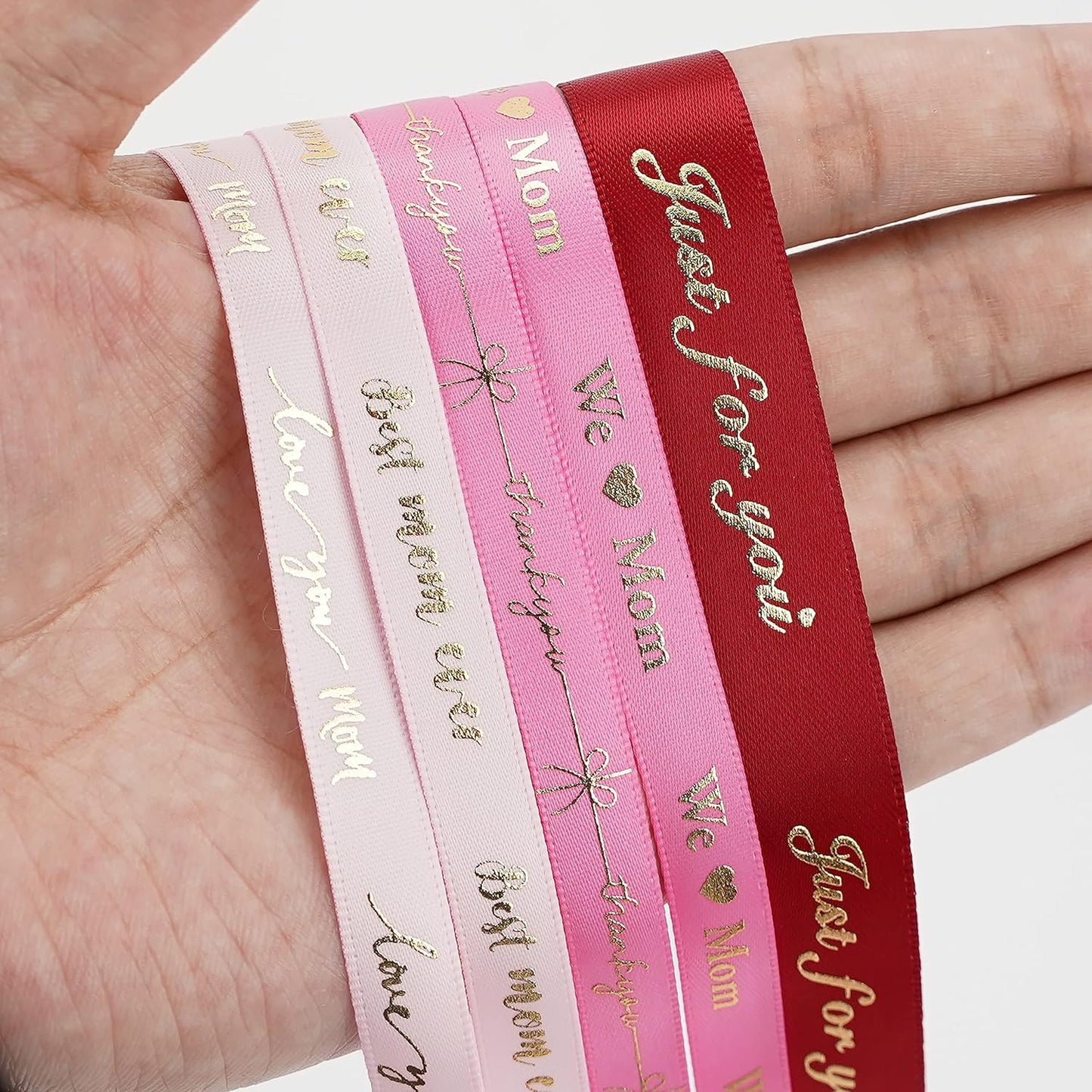 MEEDEE Pink Ribbon for Gift Wrapping Thank You Just for You Ribbon Mothers Day Gift Box Double Face Satin Assortment Thin Pink Satin Fabric, 5 Rolls 10 Yards Each Total 50 Yards