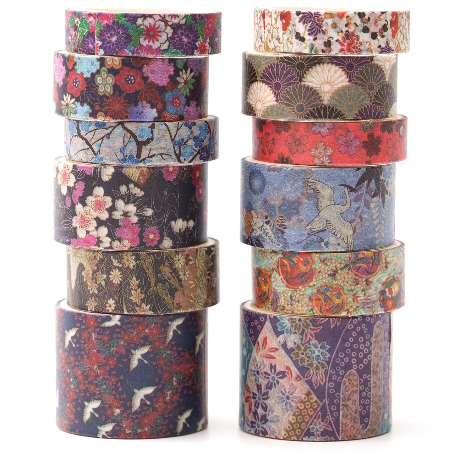 12 Rolls Kyoto Charm Washi Tape Set Japanese Arts Adhesive Tapes Geometric Garden Decorative Masking Tape Sets for Craft, Kids, Scrapbook, DIY, Gift Wrapping (Purple Sakura)